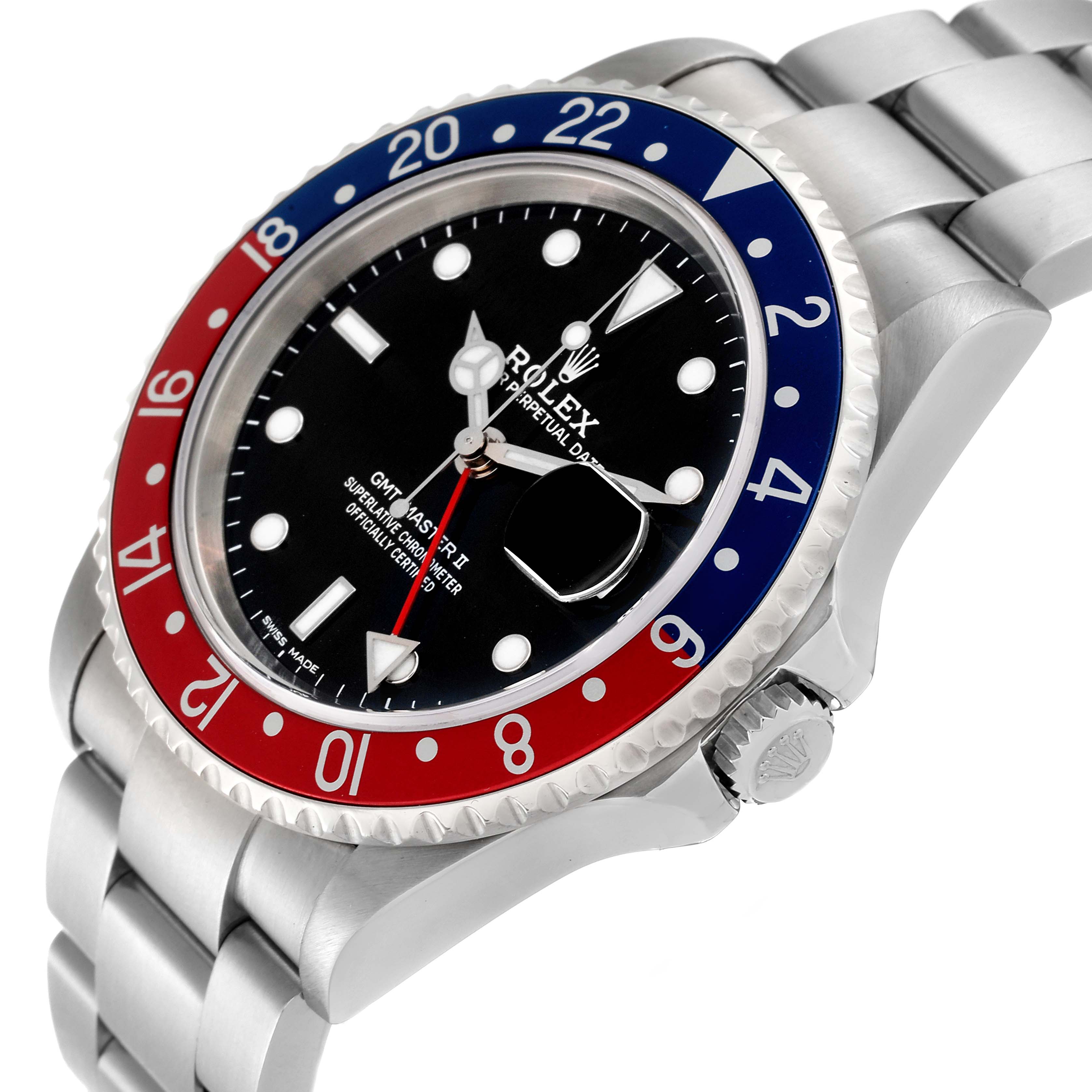 The image shows a close-up view of a Rolex GMT-Master 16710 Men
s Stainless Steel Black Dial 16710 Men
s Stainless Steel Black Dial II watch, highlighting its bezel, dial, bracelet, and crown.