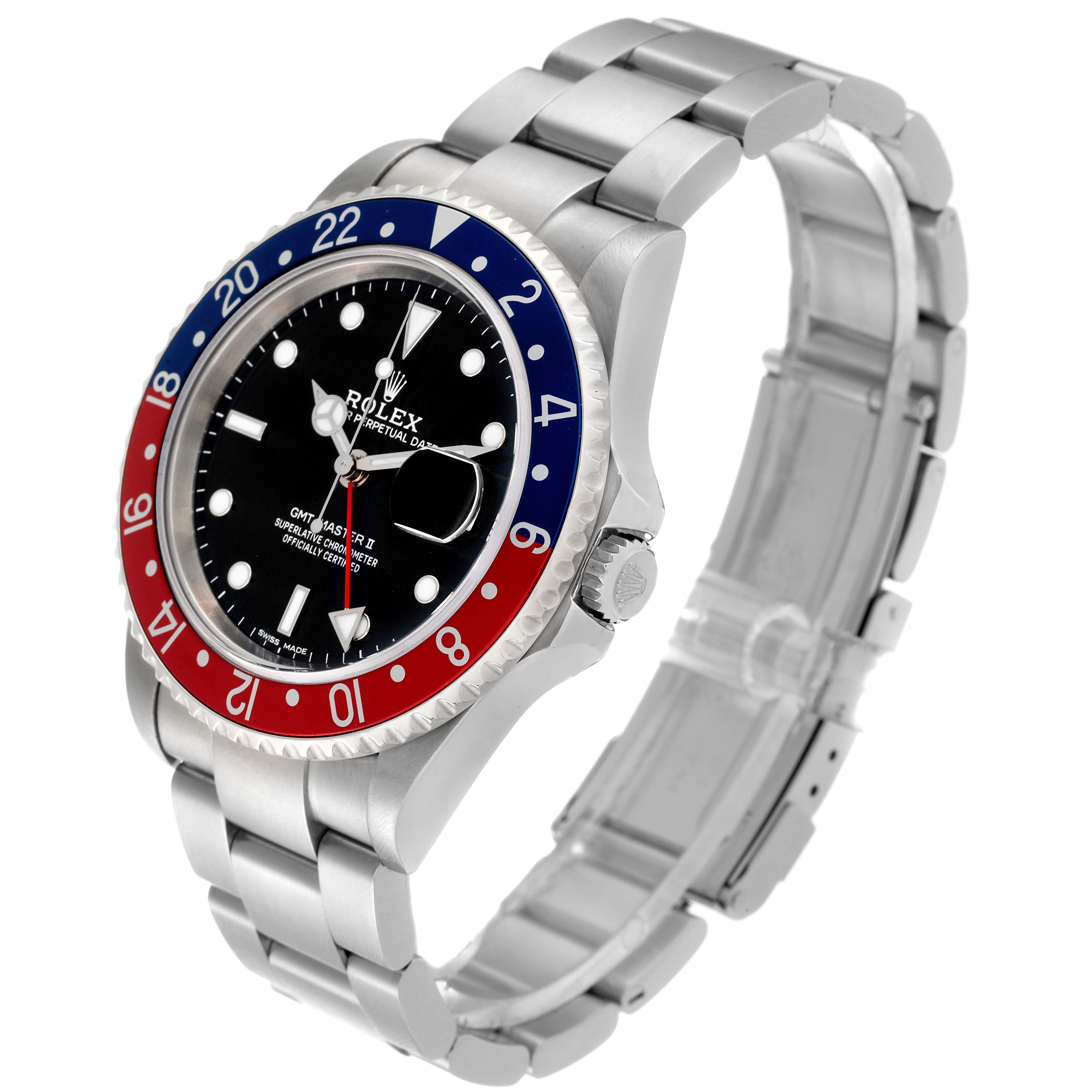 The Rolex GMT-Master 16710 Men
s Stainless Steel Black Dial 16710 Men
s Stainless Steel Black Dial model watch is shown from an angled perspective, displaying its bezel, dial, crown, and bracelet.