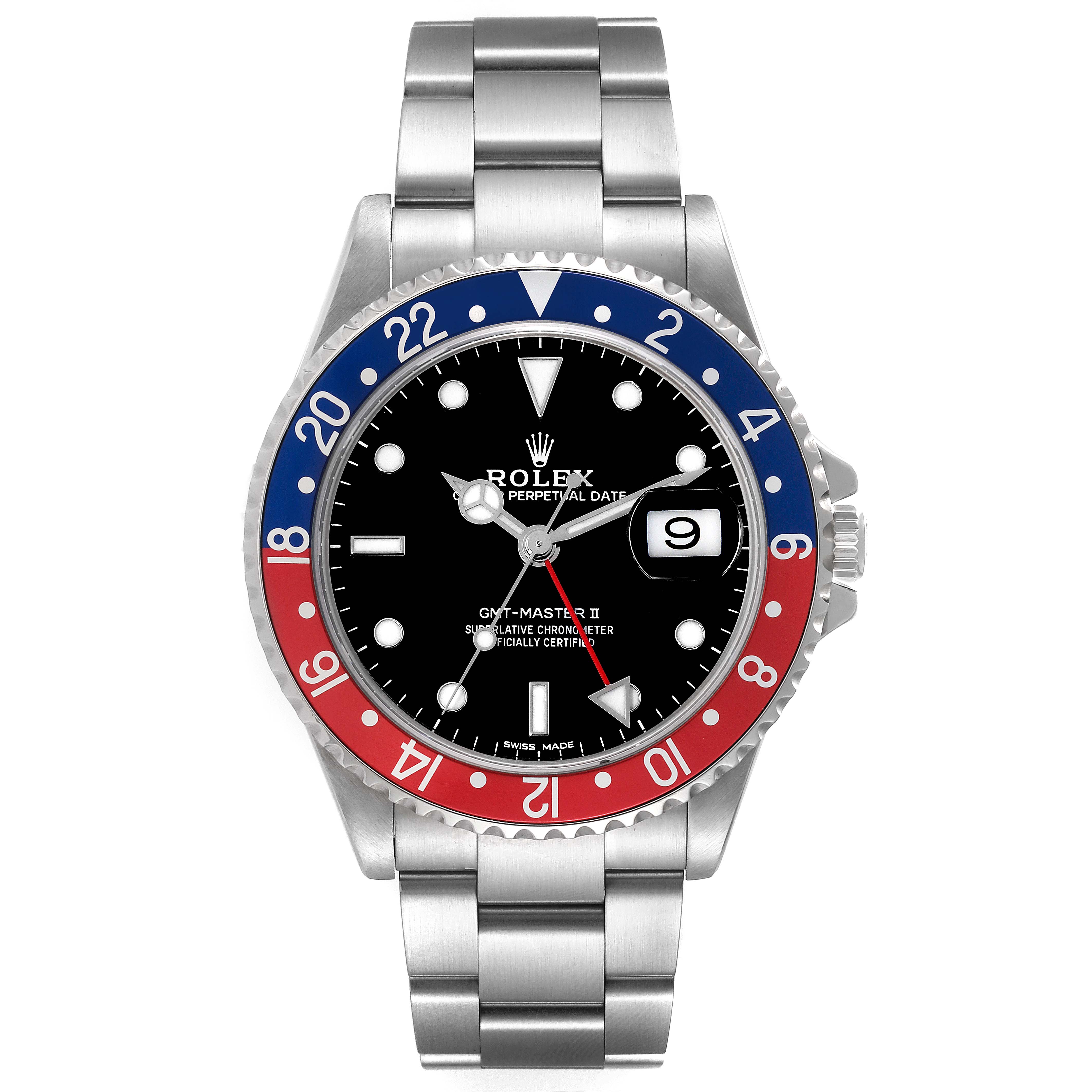 The image shows a Rolex GMT-Master 16710 Men
s Stainless Steel Black Dial 16710 Men
s Stainless Steel Black Dial model from a front angle, displaying the face, bezel, and bracelet.