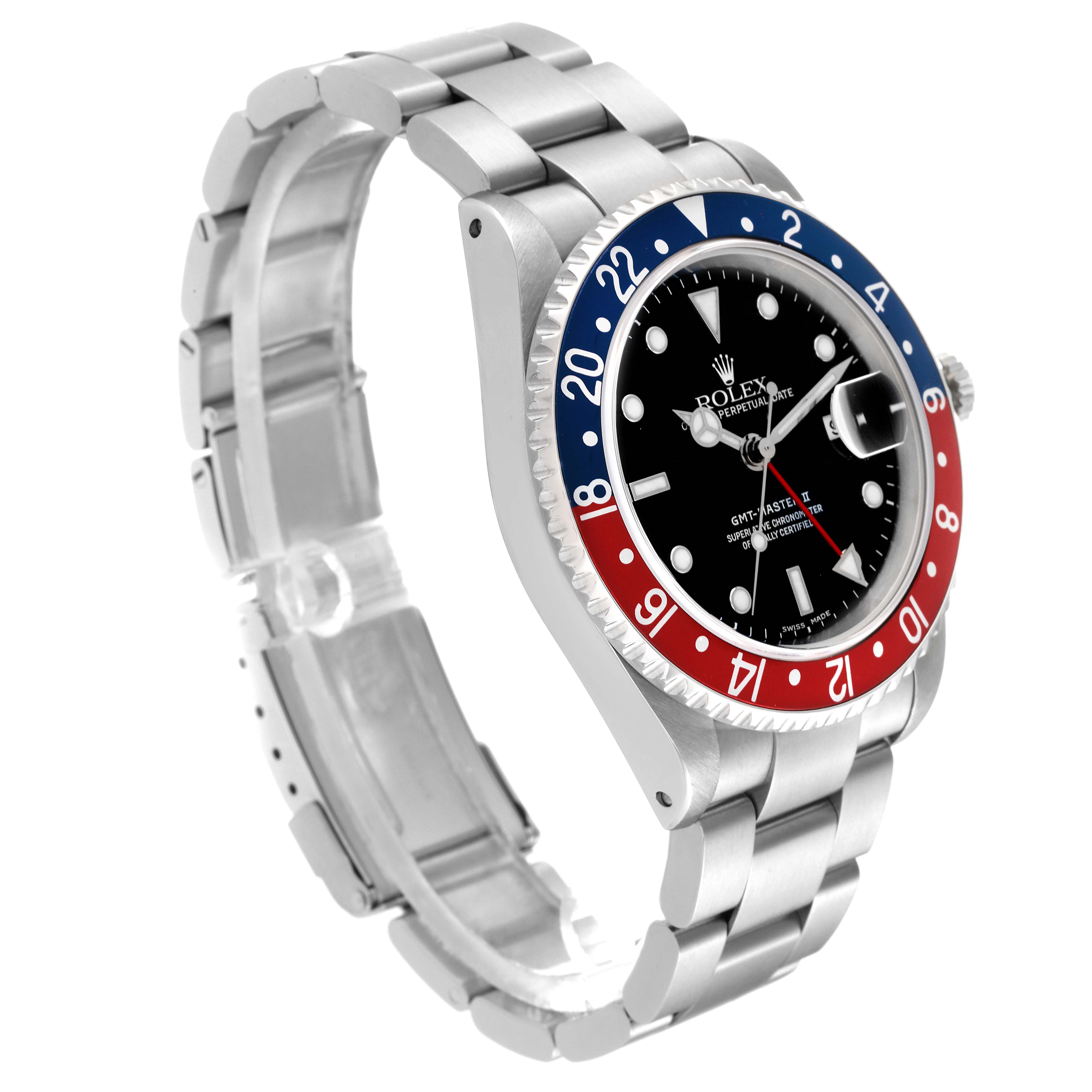 The image shows a Rolex GMT-Master 16710 Men's Stainless Steel Black Dial 16710 Men's Stainless Steel Black Dial II watch at a three-quarter angle, highlighting the face, bezel, crown, and bracelet.