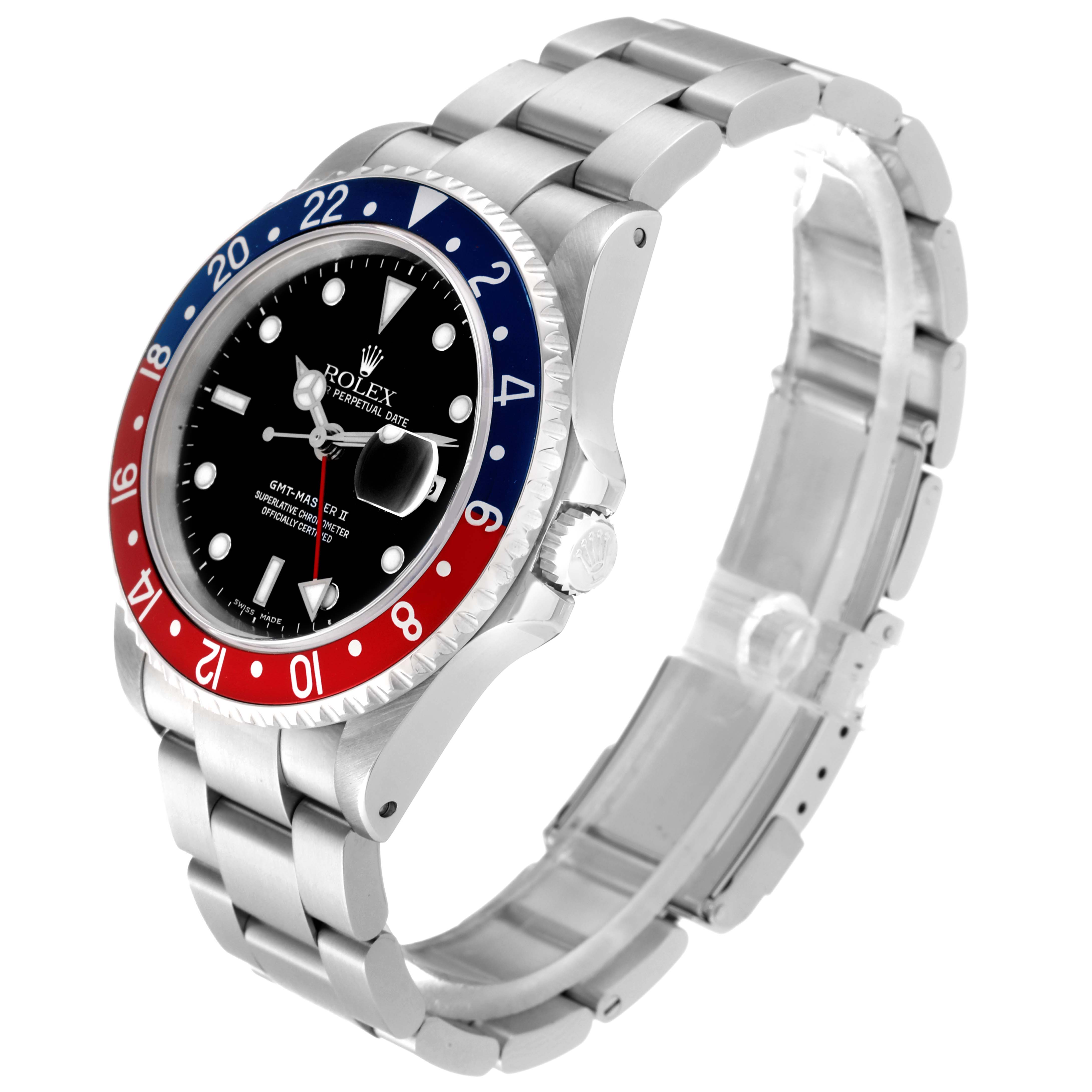 The image shows a Rolex GMT-Master 16710 Men's Stainless Steel Black Dial 16710 Men's Stainless Steel Black Dial watch from the front and side angle, showcasing its bezel, dial, and bracelet.