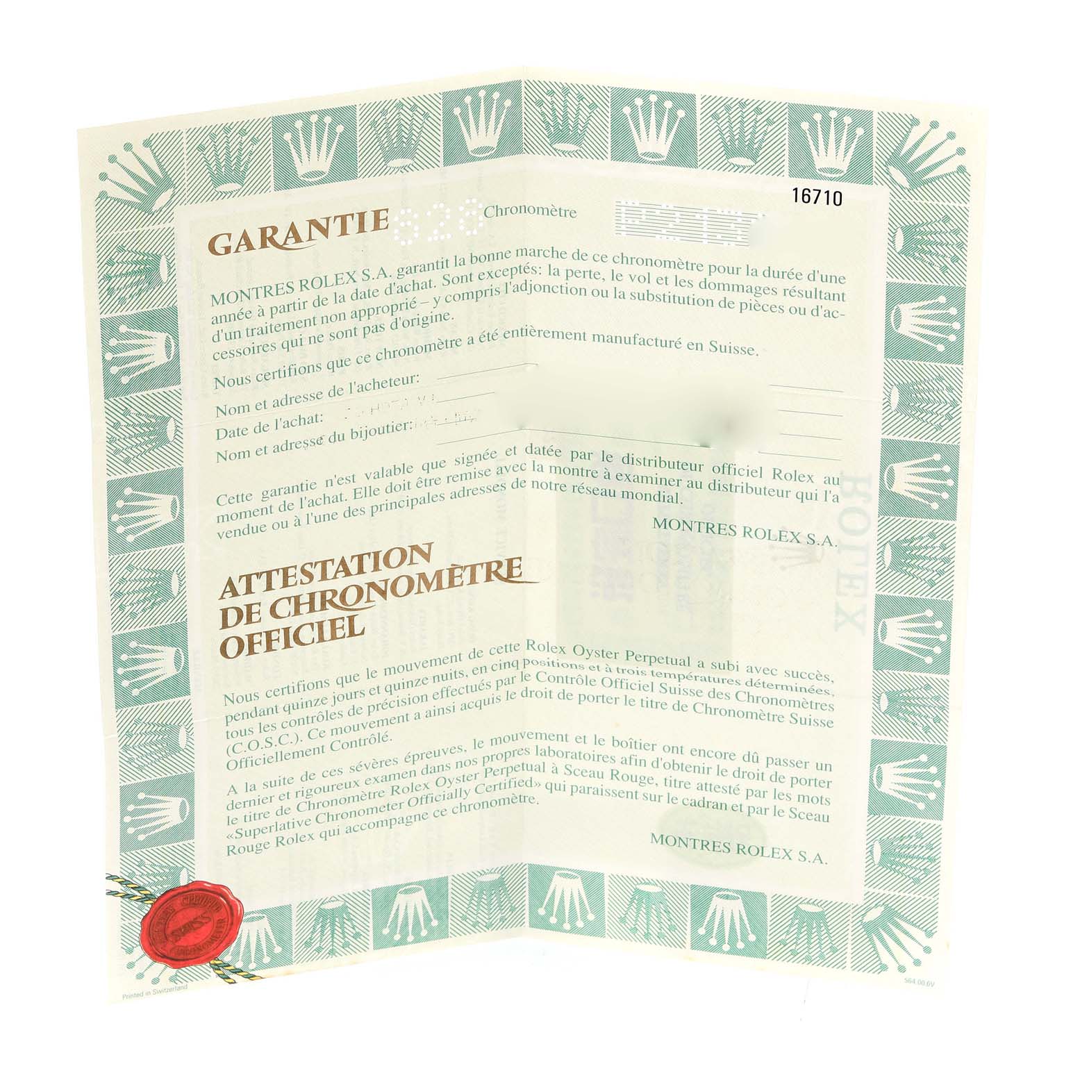 This image shows the certification and warranty document for a Rolex GMT-Master 16710 Men's Stainless Steel Black Dial 16710 Men's Stainless Steel Black Dial model, including the reference number 16710.