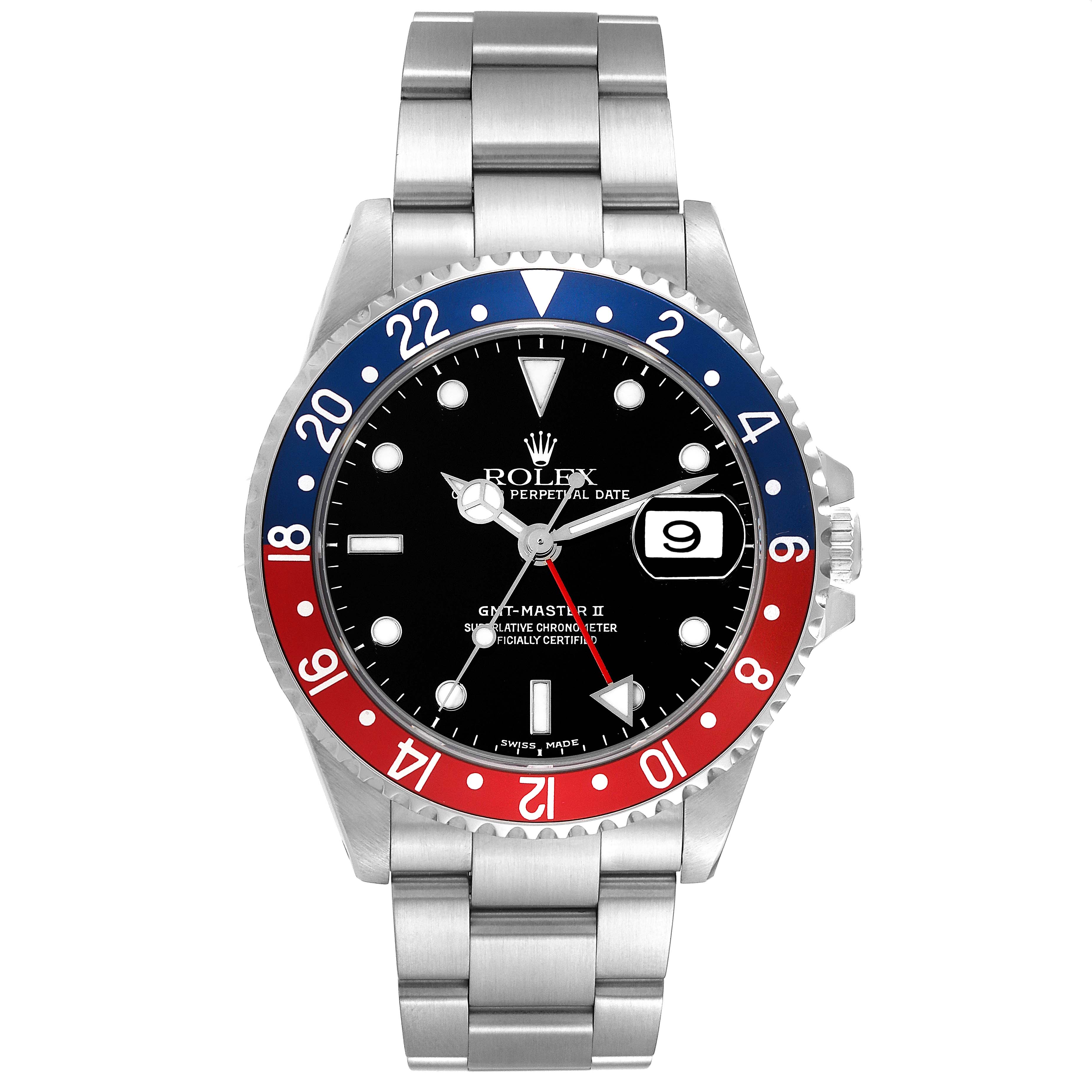 This image shows the Rolex GMT-Master 16710 Men's Stainless Steel Black Dial 16710 Men's Stainless Steel Black Dial II watch from a front angle, highlighting the bezel, dial, hands, and bracelet.