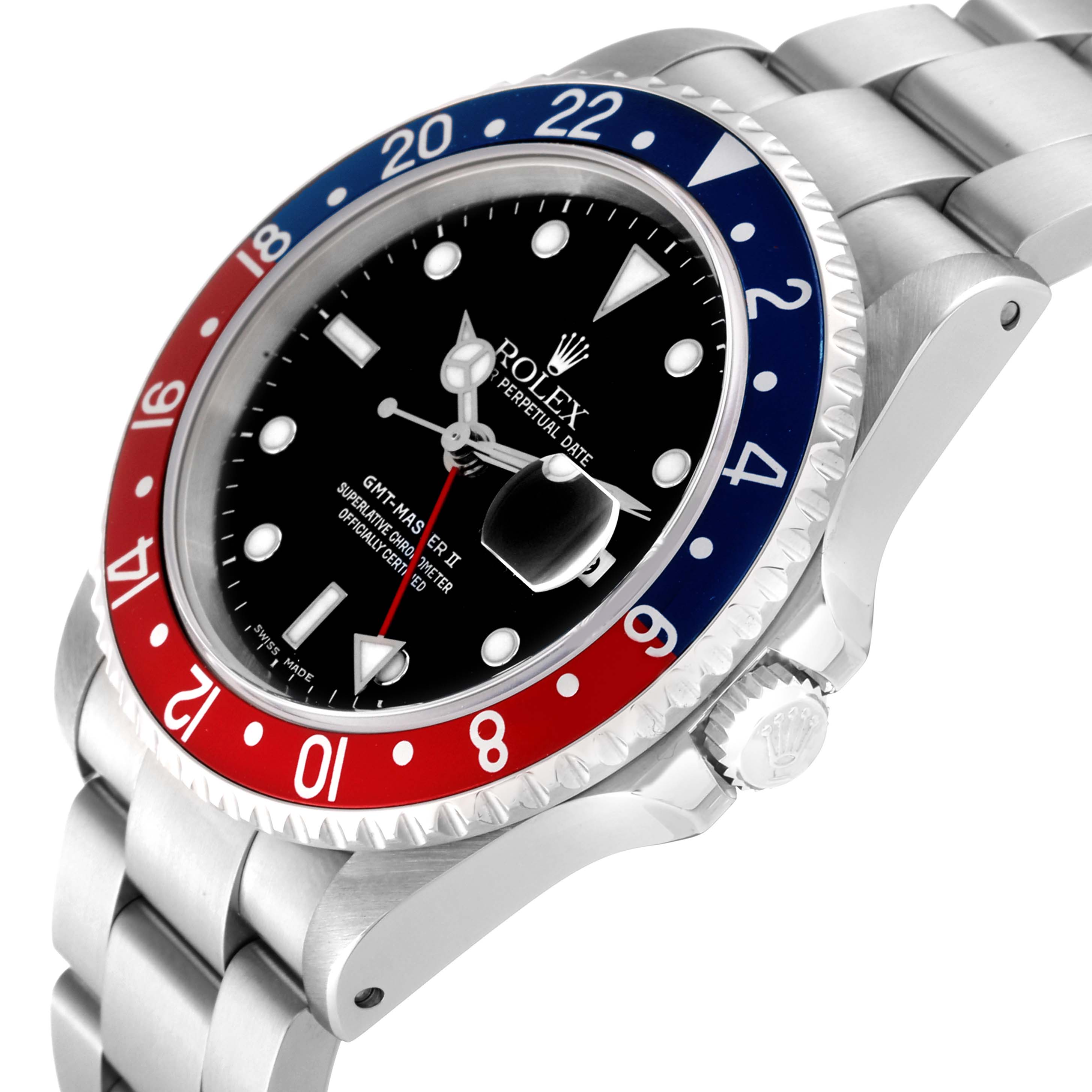 This image shows a side angle of the Rolex GMT-Master 16710 Men's Stainless Steel Black Dial 16710 Men's Stainless Steel Black Dial watch, highlighting its bezel, dial, and bracelet.