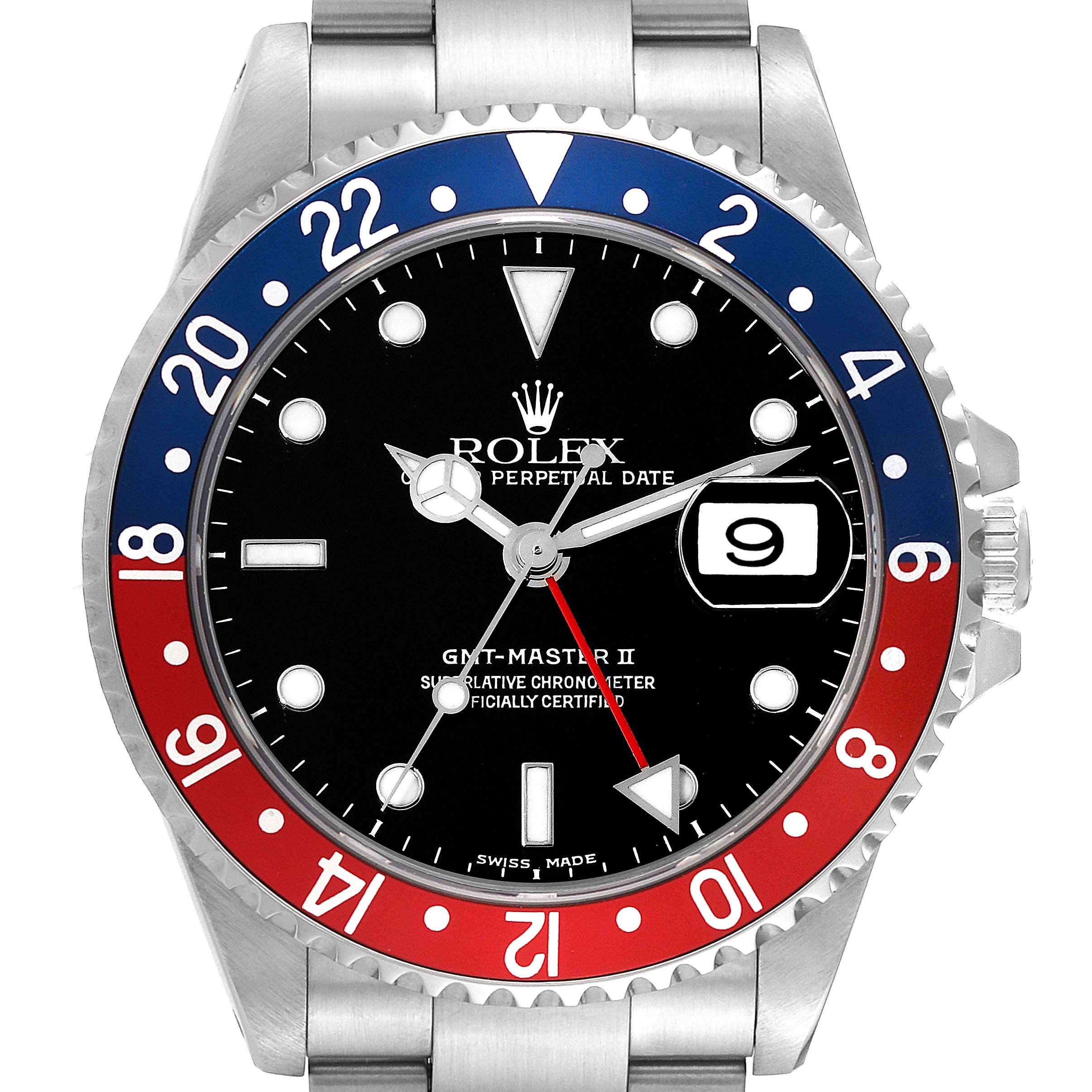 This image shows a frontal view of a Rolex GMT-Master 16710 Men's Stainless Steel Black Dial 16710 Men's Stainless Steel Black Dial II watch, displaying the dial, bezel, and bracelet.