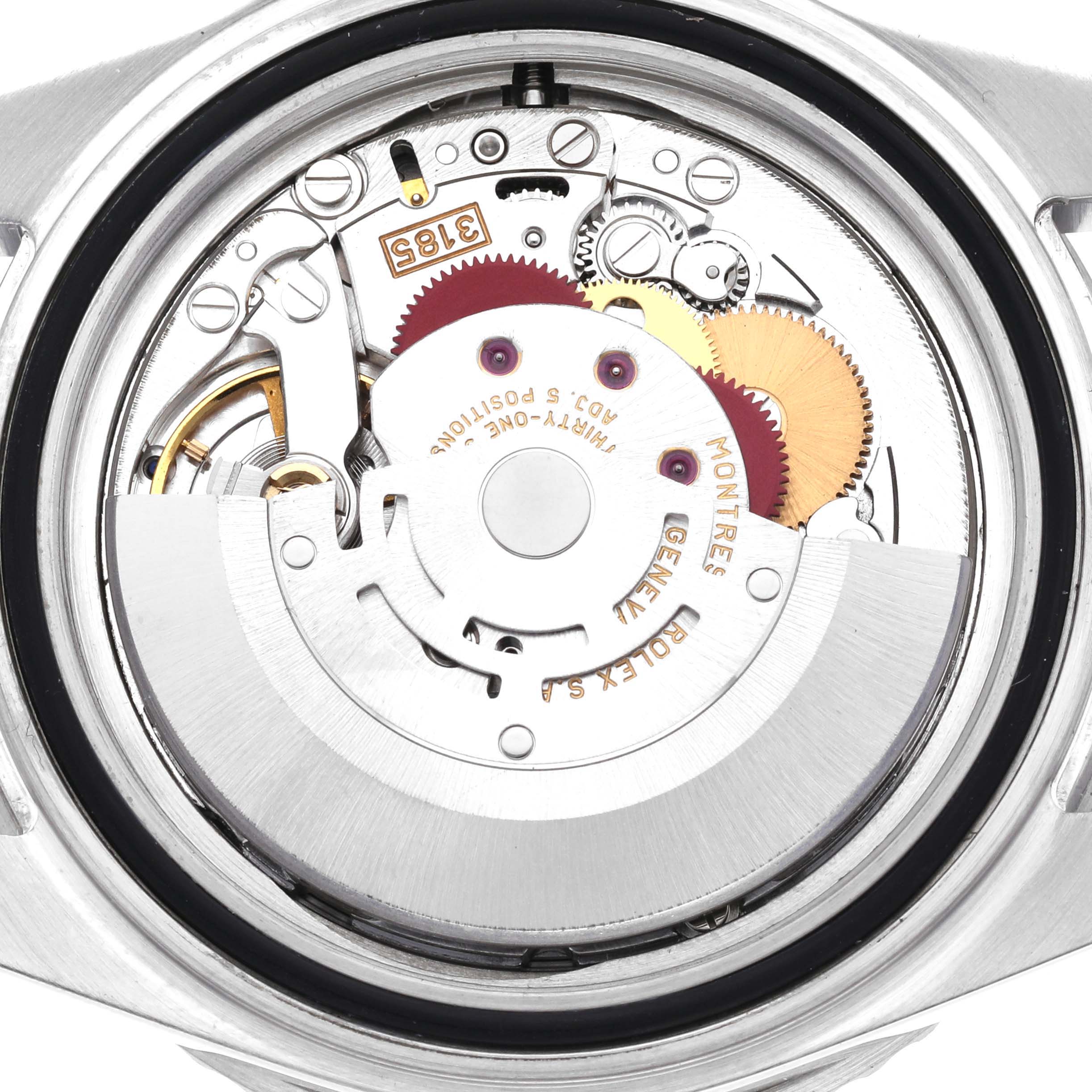 This image shows the internal movement mechanism of the Rolex GMT-Master 16710 Men's Stainless Steel Black Dial 16710 Men's Stainless Steel Black Dial watch from a straight-on angle.