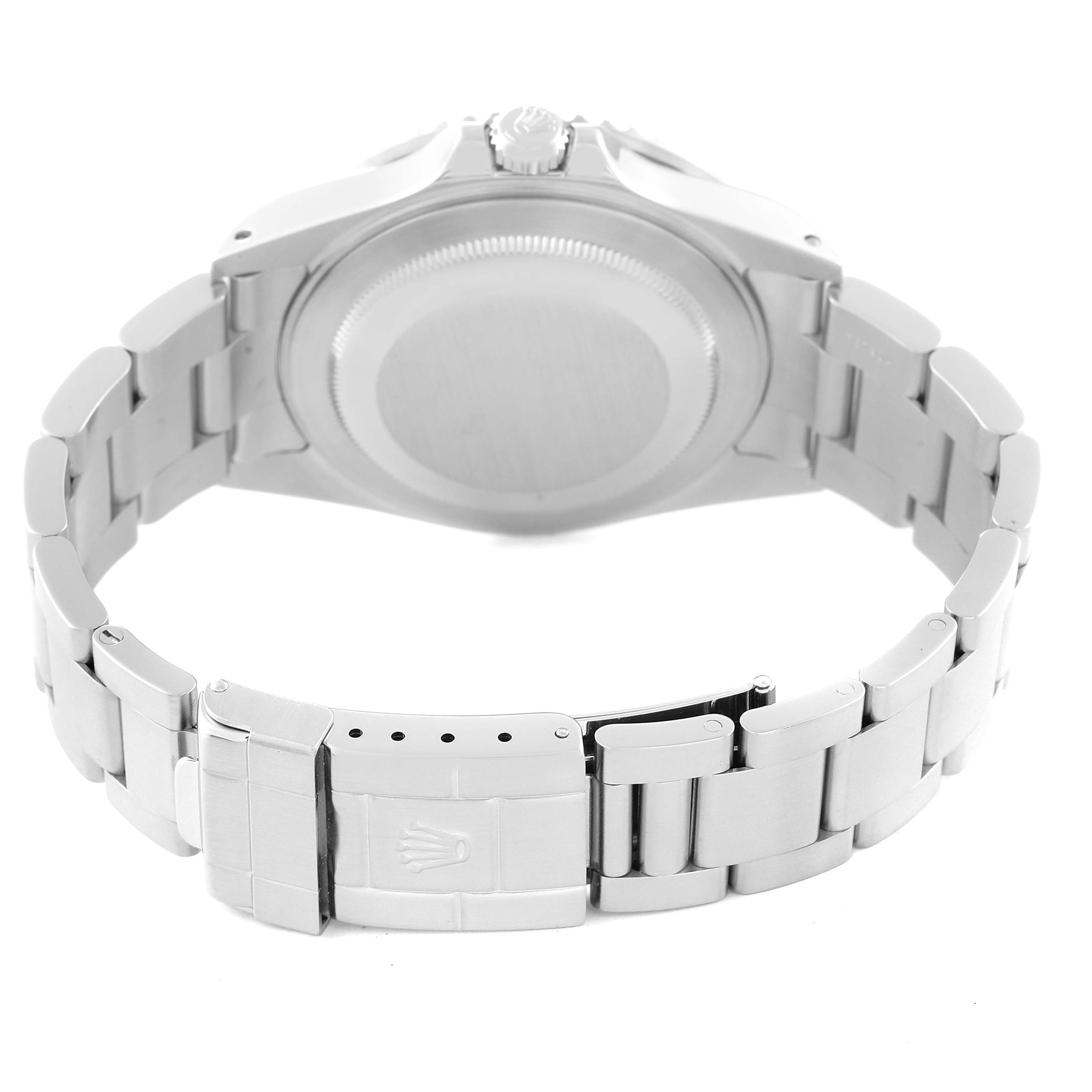 The image shows the back of the Rolex GMT-Master 16710 Men's Stainless Steel Black Dial 16710 Men's Stainless Steel Black Dial watch, including the case back and bracelet.