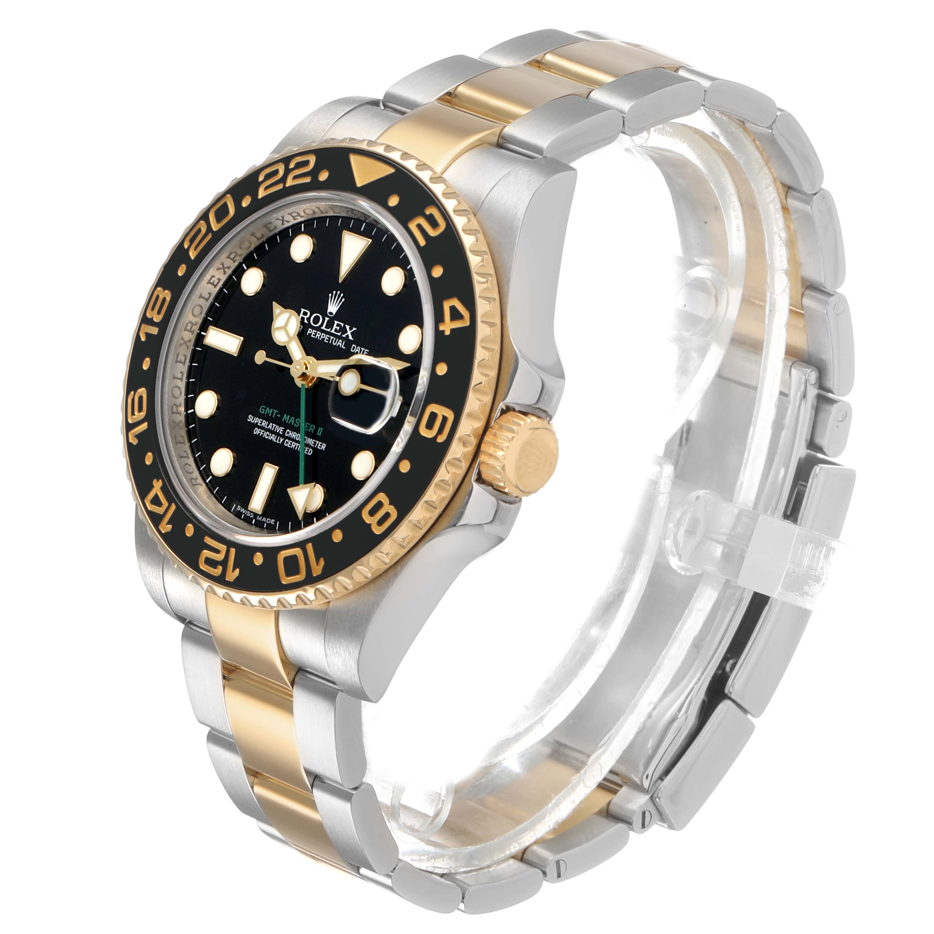 The Rolex GMT-Master M116713LN Men's Steel and Gold (two tone) Black Dial model is shown at a three-quarter angle, highlighting the face, bezel, crown, and bracelet details.