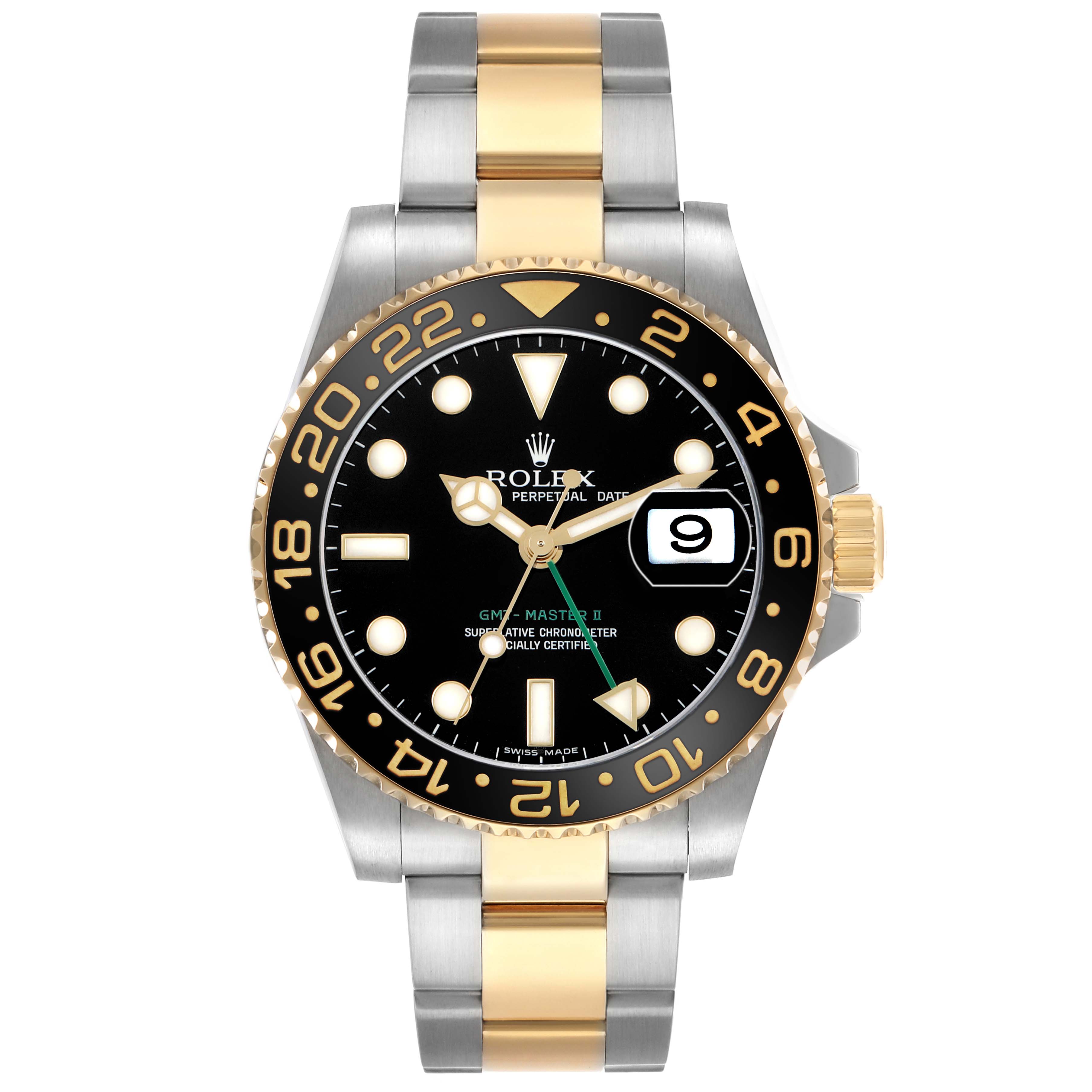 The image shows a front view of the Rolex GMT-Master M116713LN Men's Steel and Gold (two tone) Black Dial II, highlighting its dial, bezel, and two-tone bracelet.