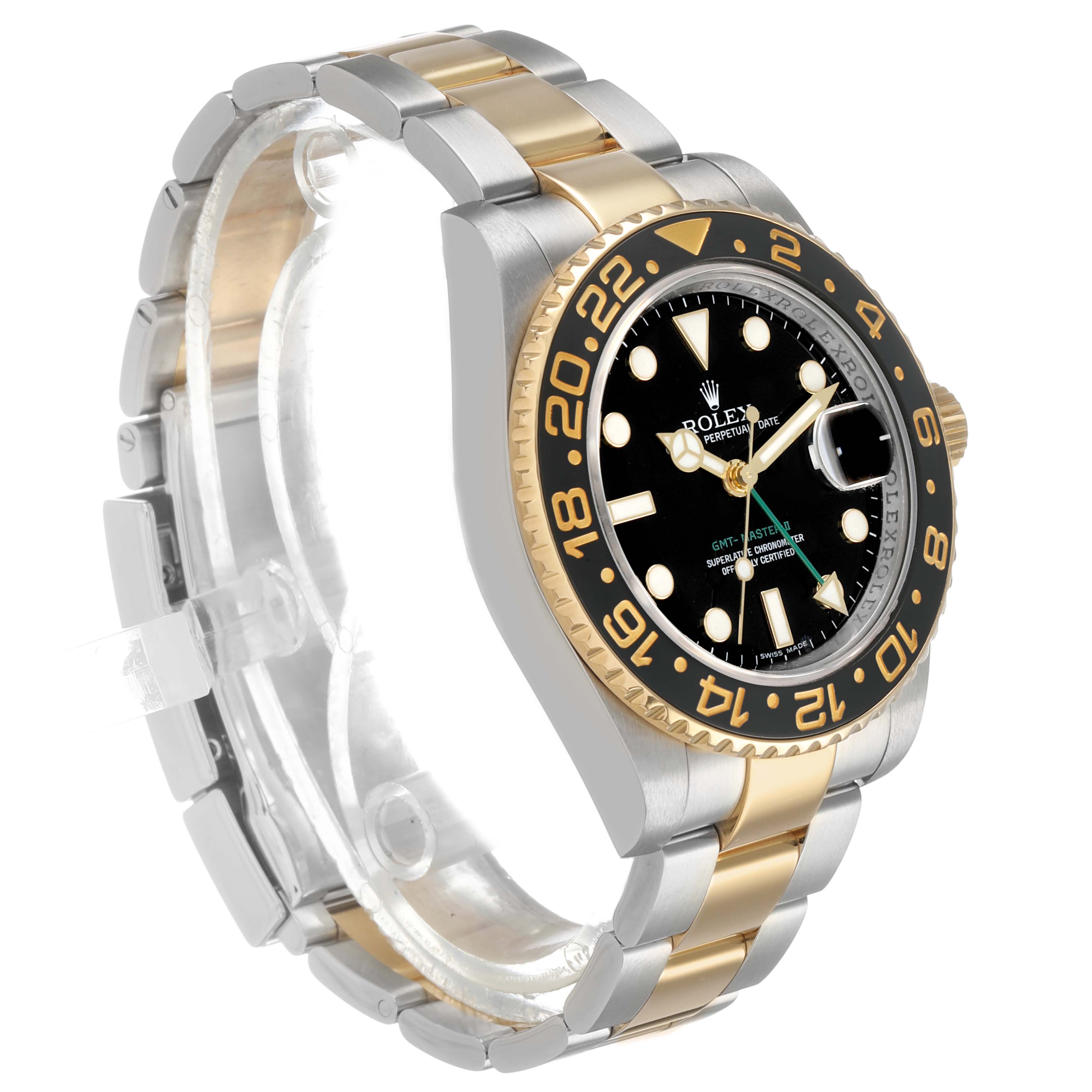 The Rolex GMT-Master M116713LN Men's Steel and Gold (two tone) Black Dial is shown at a three-quarter angle, highlighting the bezel, dial, crown, and two-tone bracelet.