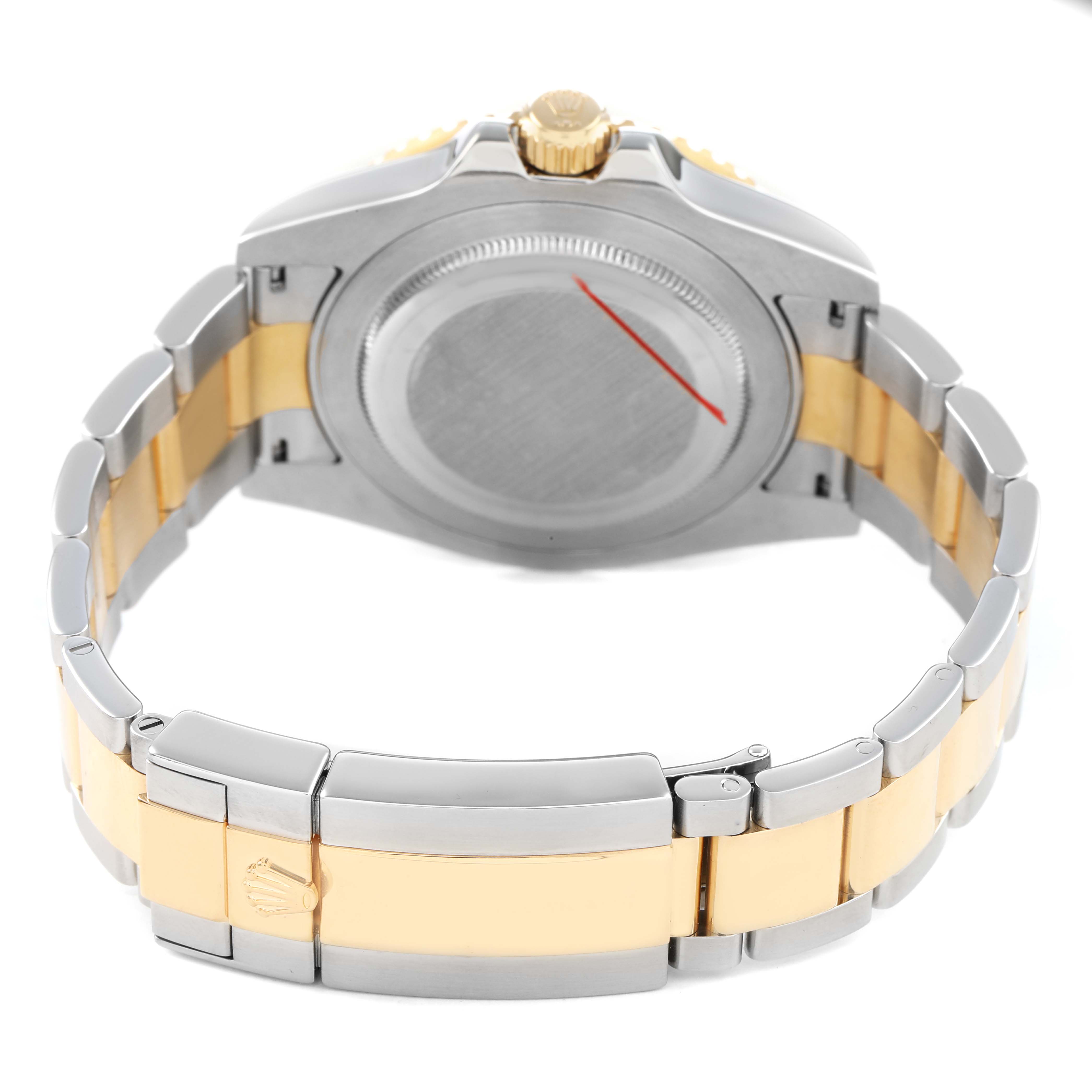 The image shows the back of a Rolex GMT-Master M116713LN Men's Steel and Gold (two tone) Black Dial, focusing on the bracelet and case back, highlighting the gold and silver tones.