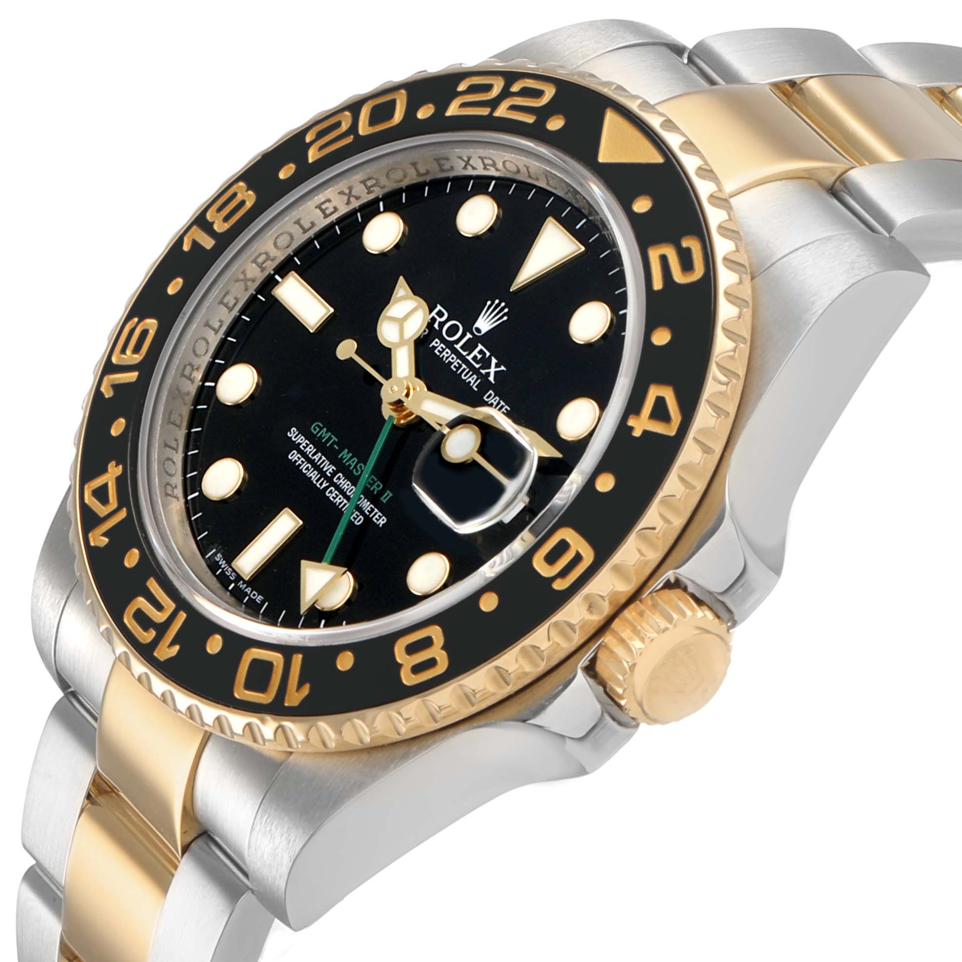 The Rolex GMT-Master M116713LN Men's Steel and Gold (two tone) Black Dial is shown from a side angle, highlighting its bezel, dial, crown, and dual-tone bracelet.