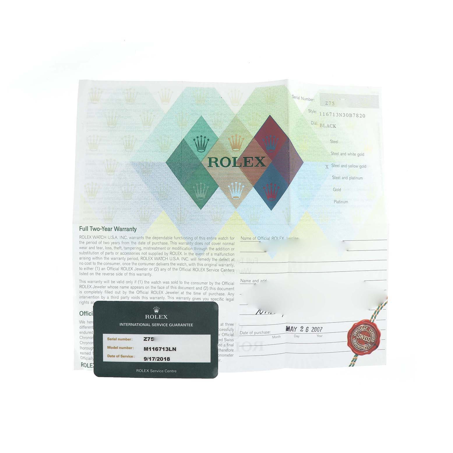 The image shows a warranty document and an international service guarantee card for the Rolex GMT-Master M116713LN Men's Steel and Gold (two tone) Black Dial model.