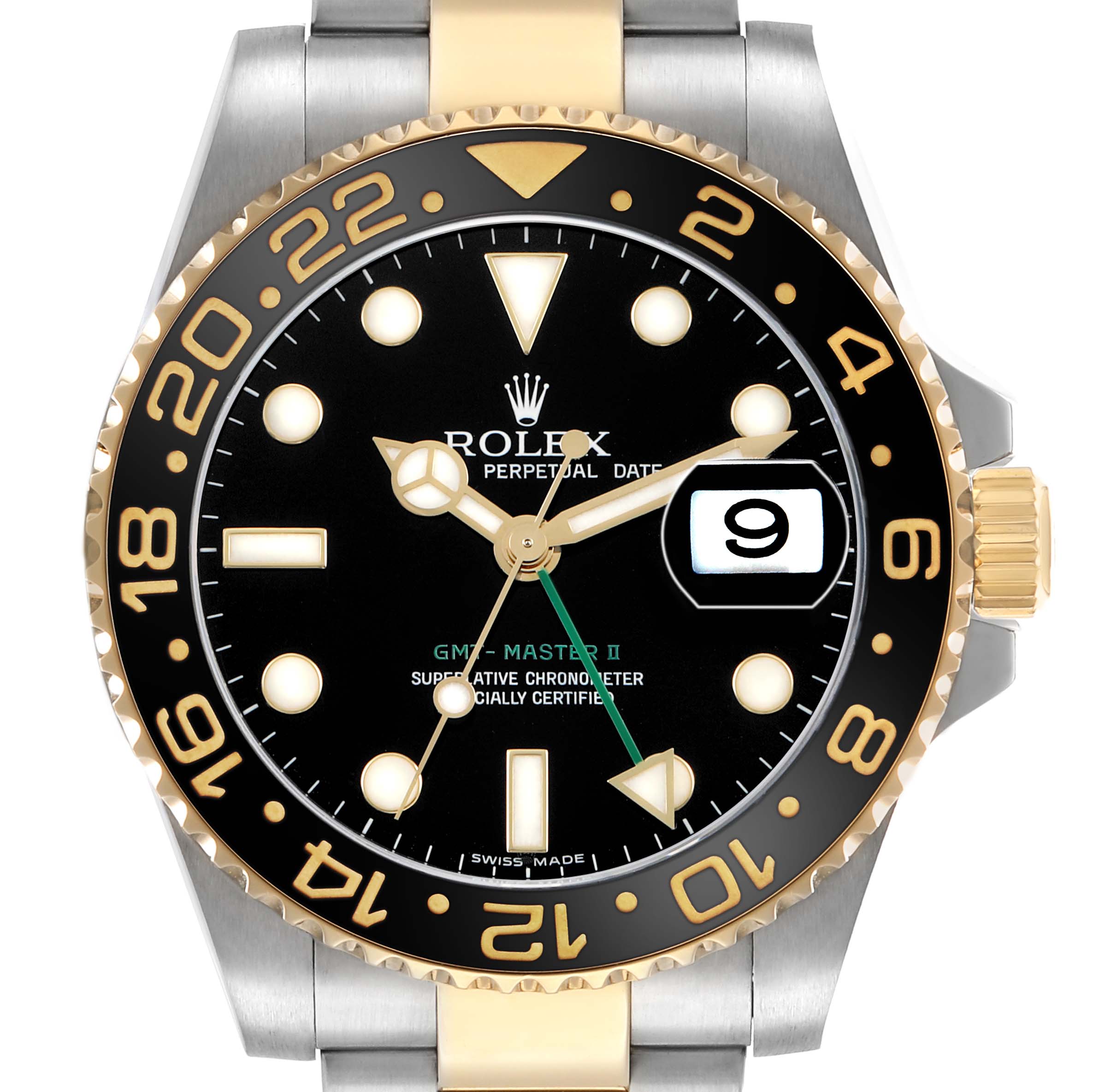 The Rolex GMT-Master M116713LN Men's Steel and Gold (two tone) Black Dial watch is shown from a front angle, highlighting the bezel, dial, hands, and date window.