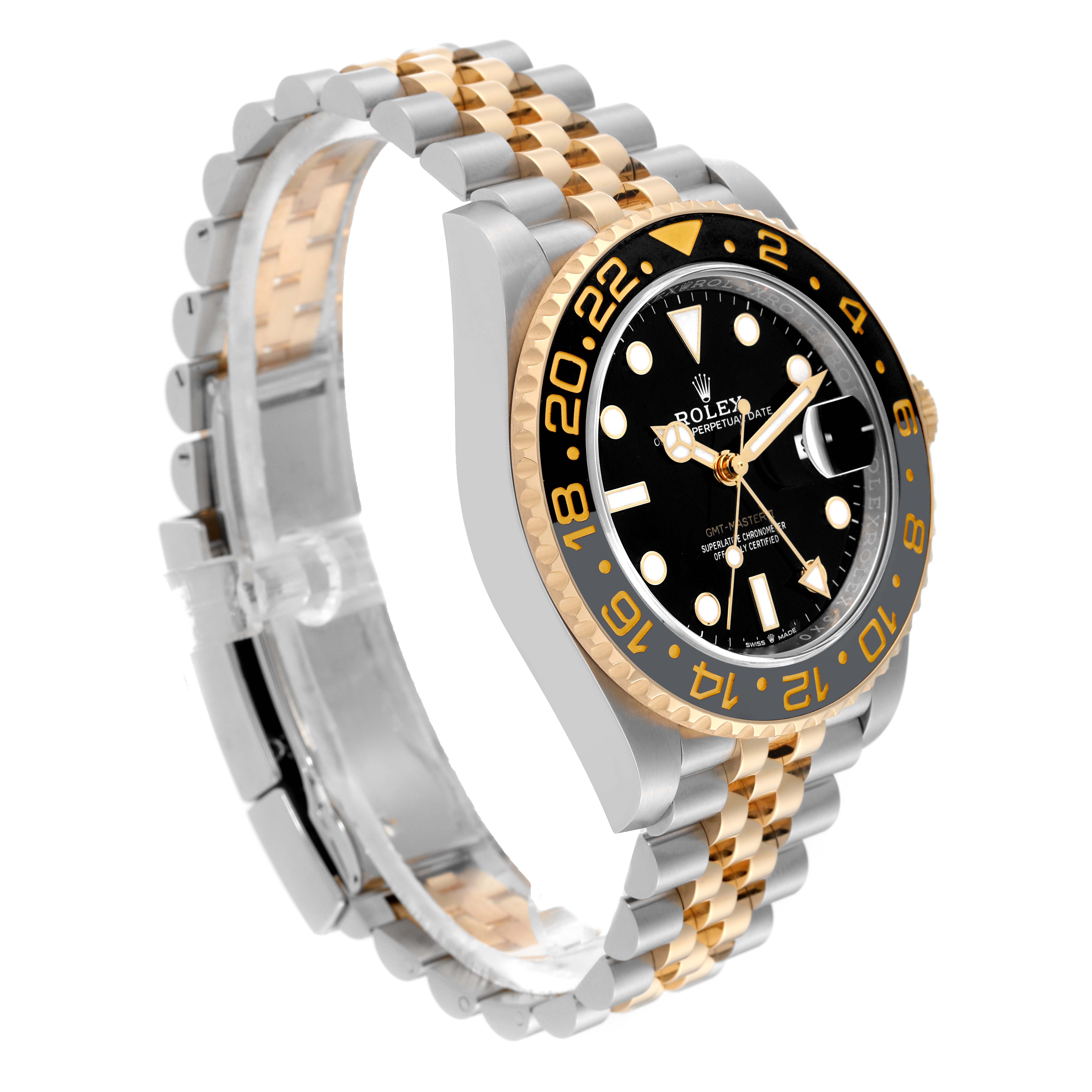 The image shows a side angle of a Rolex GMT-Master 126713 Men's Steel and Gold (two tone) Black Dial 126713 Men's Steel and Gold (two tone) Black Dial watch, highlighting its black dial, ceramic bezel, and two-tone bracelet.