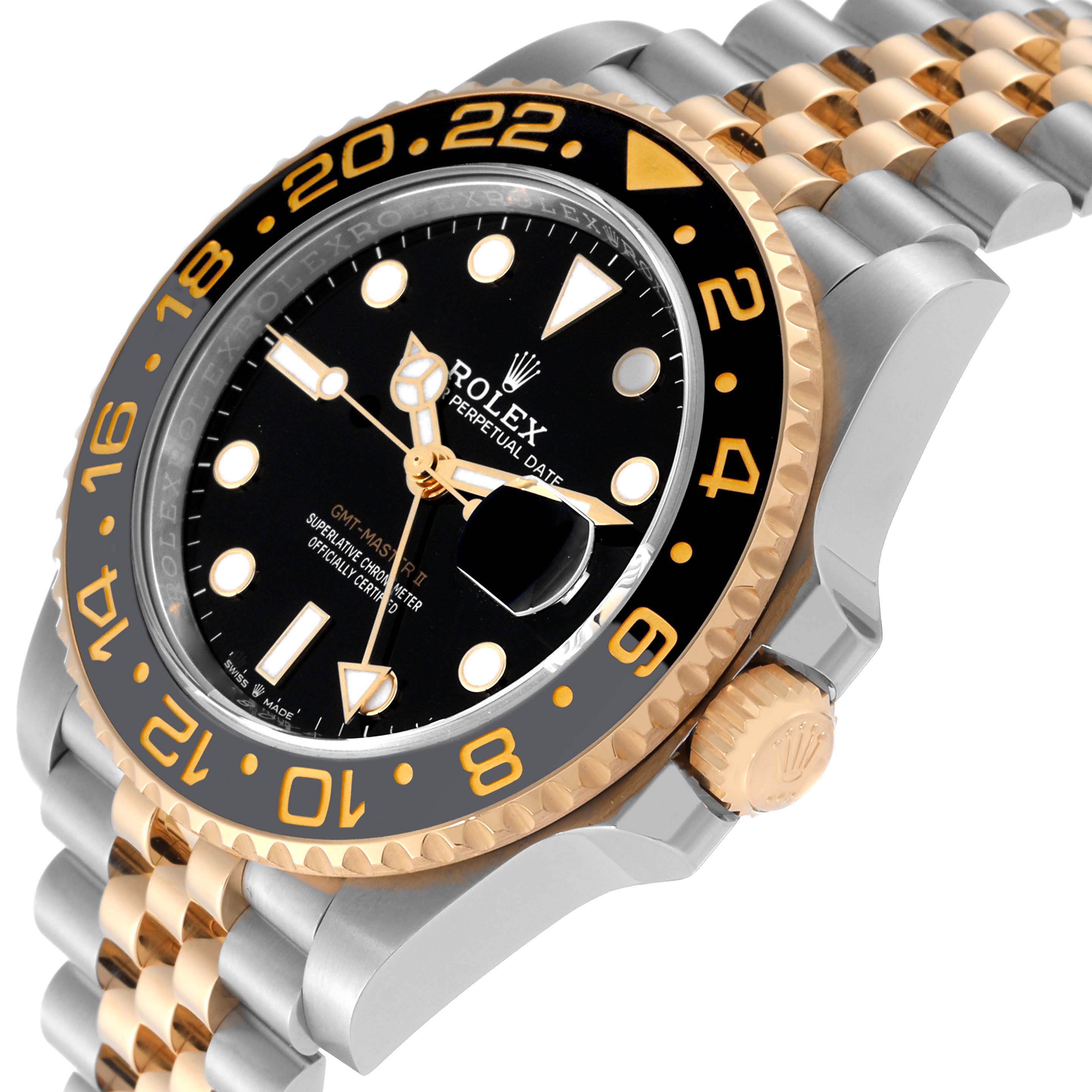 The image shows a close-up angle of a Rolex GMT-Master 126713 Men's Steel and Gold (two tone) Black Dial 126713 Men's Steel and Gold (two tone) Black Dial watch, showcasing its bezel, dial, crown, and part of the bracelet.
