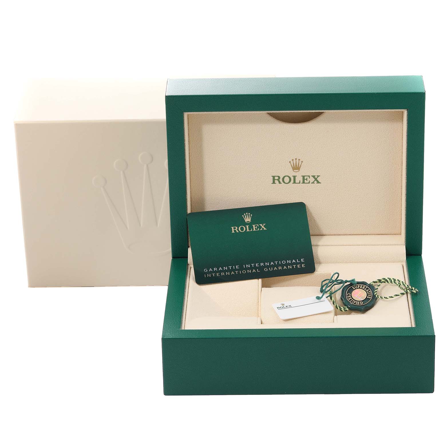 The image shows the open packaging of a Rolex GMT-Master 126713 Men's Steel and Gold (two tone) Black Dial 126713 Men's Steel and Gold (two tone) Black Dial, including the warranty card and accessories, viewed from the front.