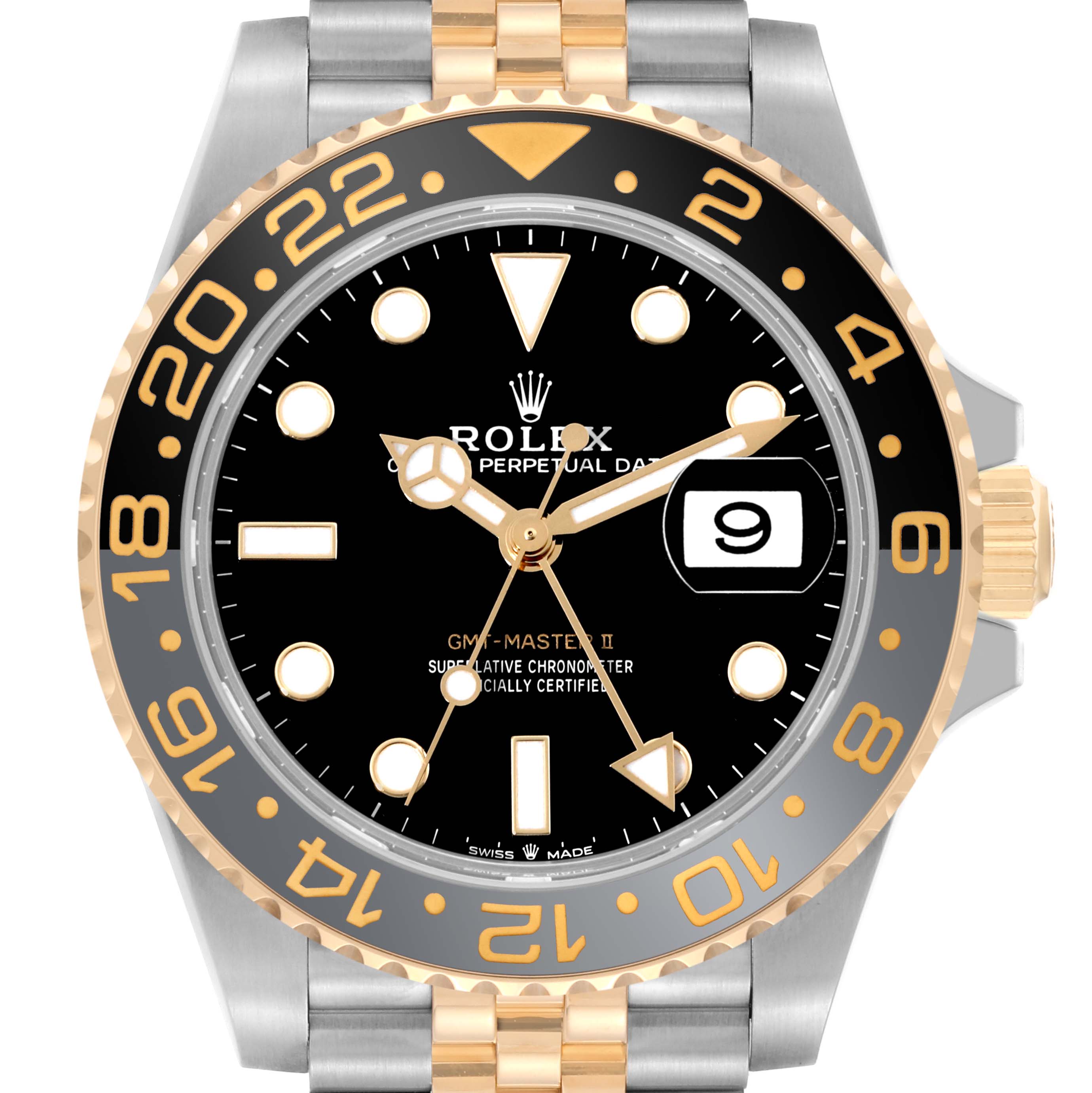 The Rolex GMT-Master 126713 Men's Steel and Gold (two tone) Black Dial 126713 Men's Steel and Gold (two tone) Black Dial II watch is shown from a front view, displaying its face, bezel, and part of the bracelet.