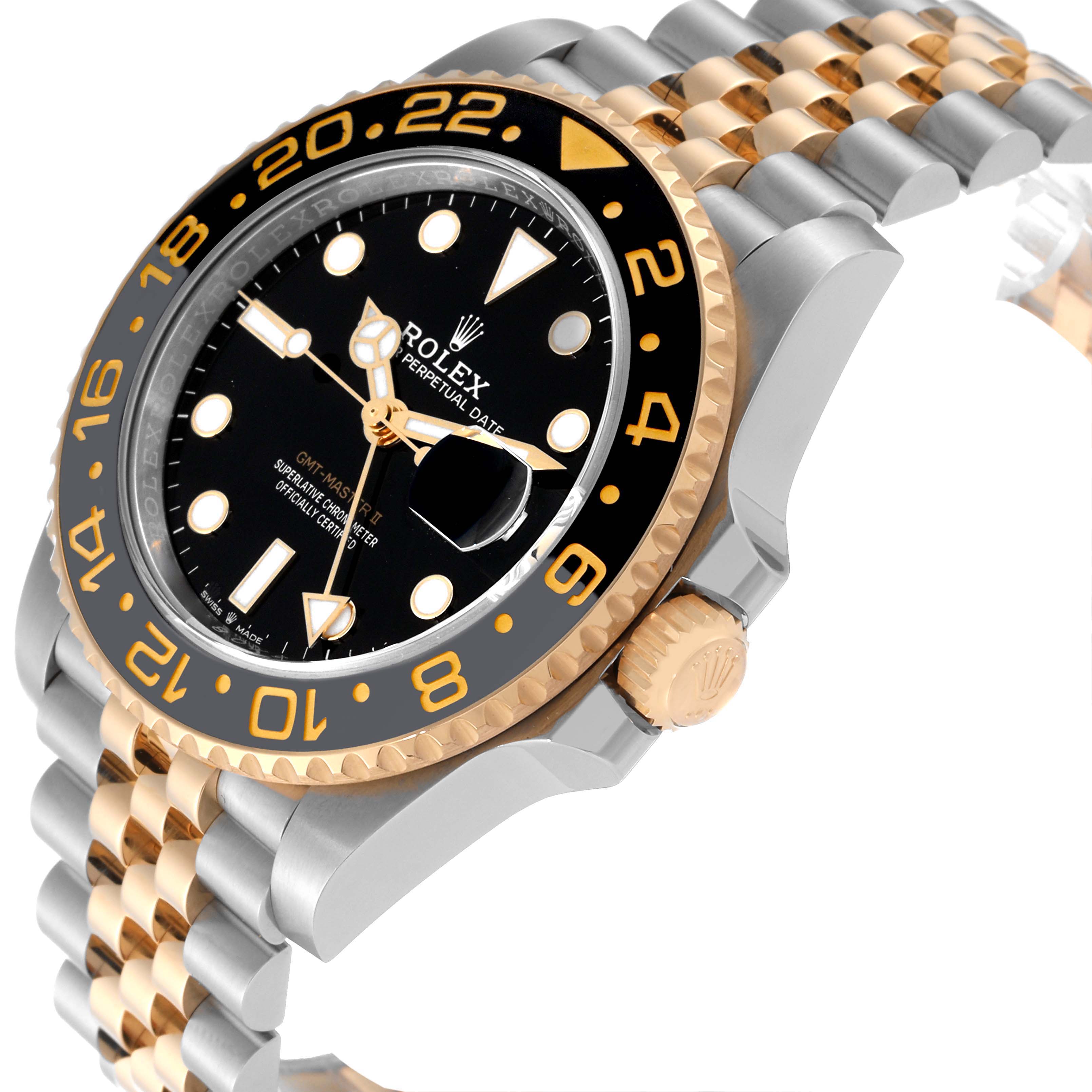 This image shows a side angle of a Rolex GMT-Master 126713 Men's Steel and Gold (two tone) Black Dial 126713 Men's Steel and Gold (two tone) Black Dial watch, highlighting the two-tone bezel, dial, and part of the bracelet.