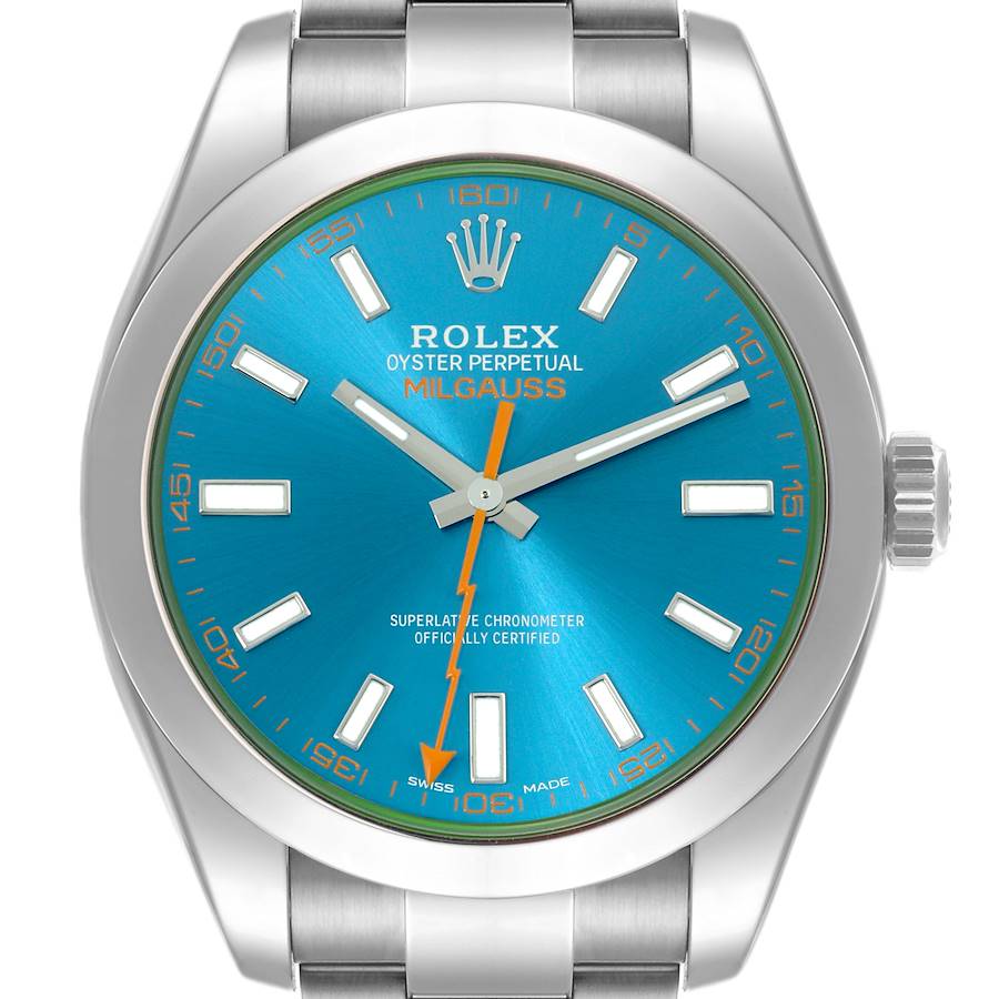 The Rolex Milgauss watch is shown from a front angle, displaying the blue dial, orange lightning bolt second hand, and silver hour markers.