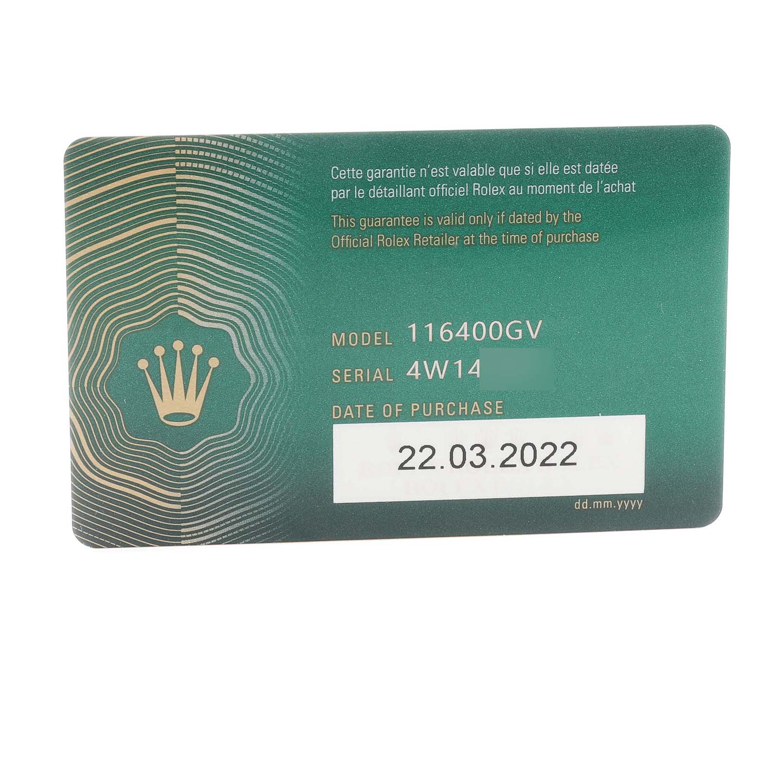 The image shows a guarantee card for the Rolex Milgauss 116400 Men's Stainless Steel Blue Dial 116400 Men's Stainless Steel Blue Dial model 116400GV, including the serial number and date of purchase.