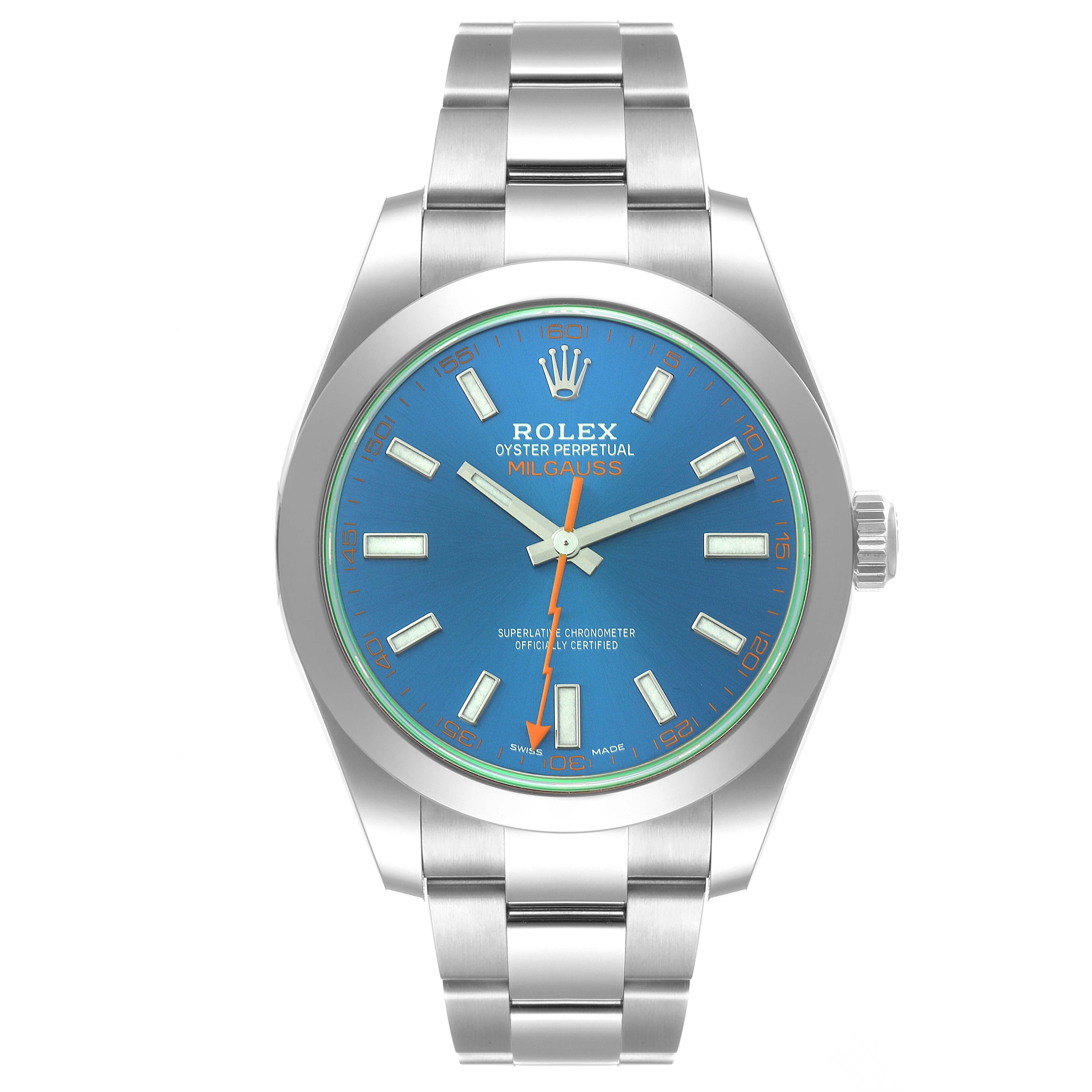 This image shows a front view of the Rolex Milgauss 116400 Men's Stainless Steel Blue Dial 116400 Men's Stainless Steel Blue Dial watch, displaying its blue dial, indices, hands, and bracelet.