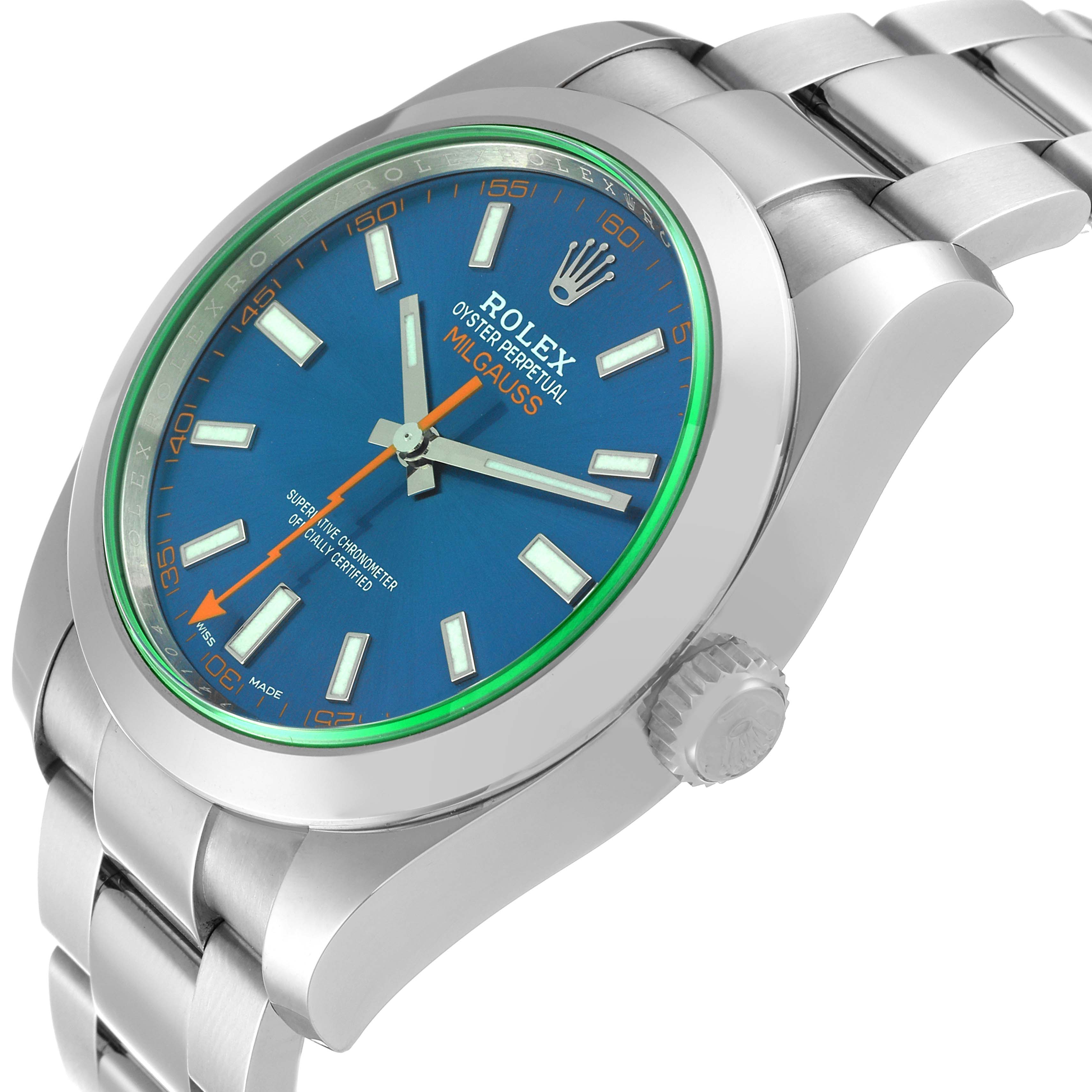 The Rolex Milgauss 116400 Men's Stainless Steel Blue Dial 116400 Men's Stainless Steel Blue Dial watch is shown from a side angle, highlighting its crown, bracelet, and face with blue dial and green-tinted glass.