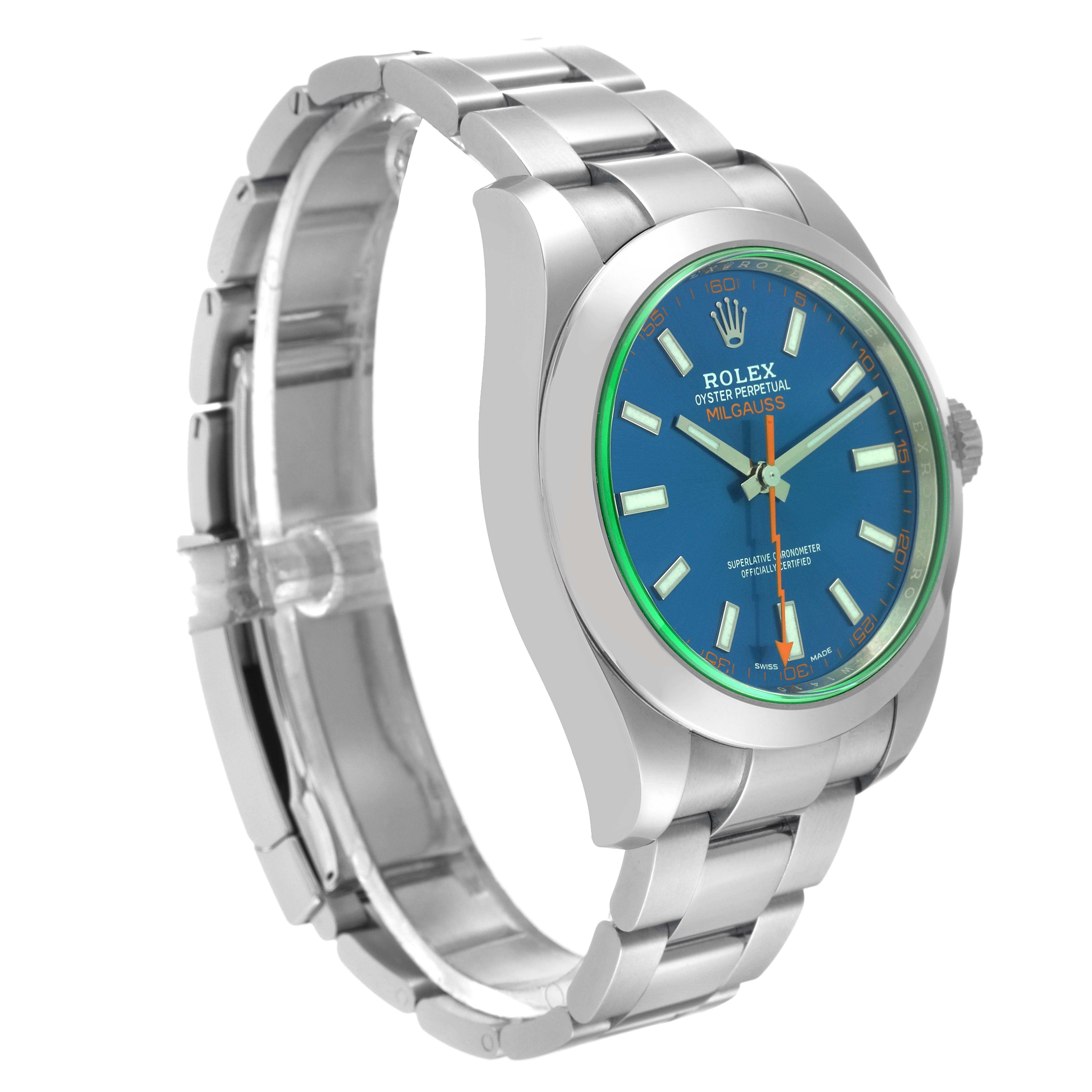The Rolex Milgauss 116400 Men's Stainless Steel Blue Dial 116400 Men's Stainless Steel Blue Dial watch is angled to show its face, side, and stainless steel bracelet.