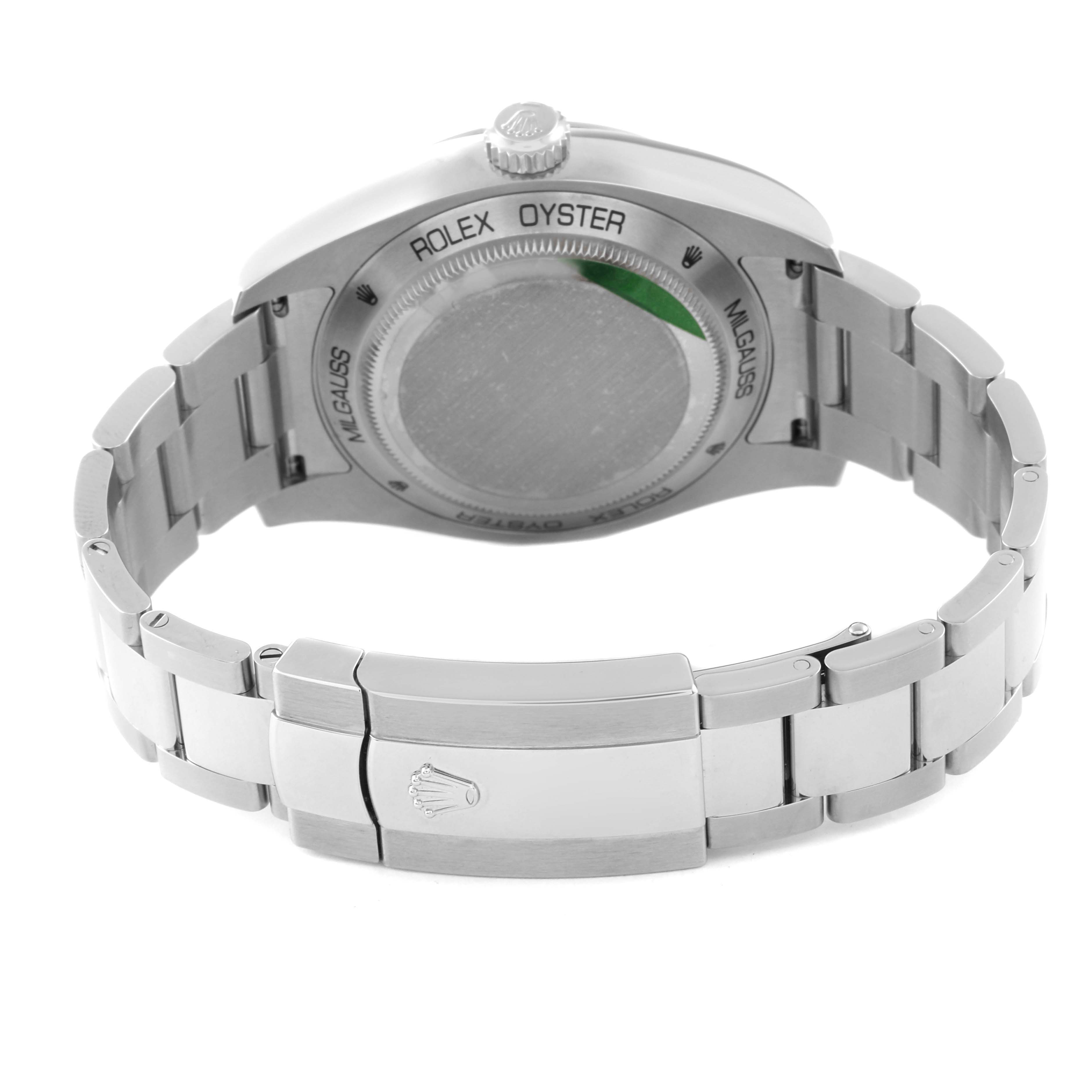 The image shows the back side and bracelet of a Rolex Milgauss 116400 Men's Stainless Steel Blue Dial 116400 Men's Stainless Steel Blue Dial watch.