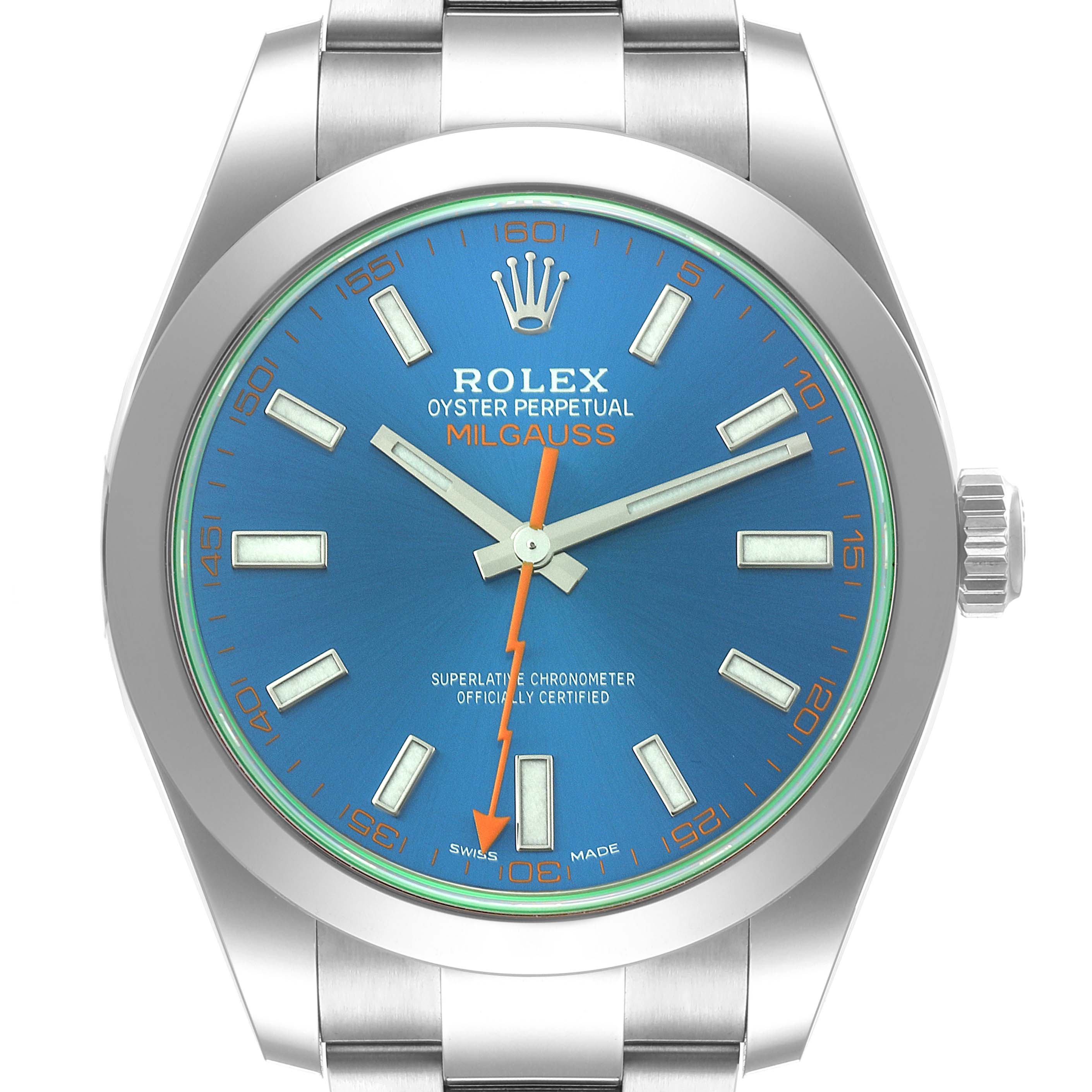 The image shows a front view of a Rolex Milgauss 116400 Men's Stainless Steel Blue Dial 116400 Men's Stainless Steel Blue Dial watch, displaying its blue dial, hands, markers, crown, and part of the bracelet.