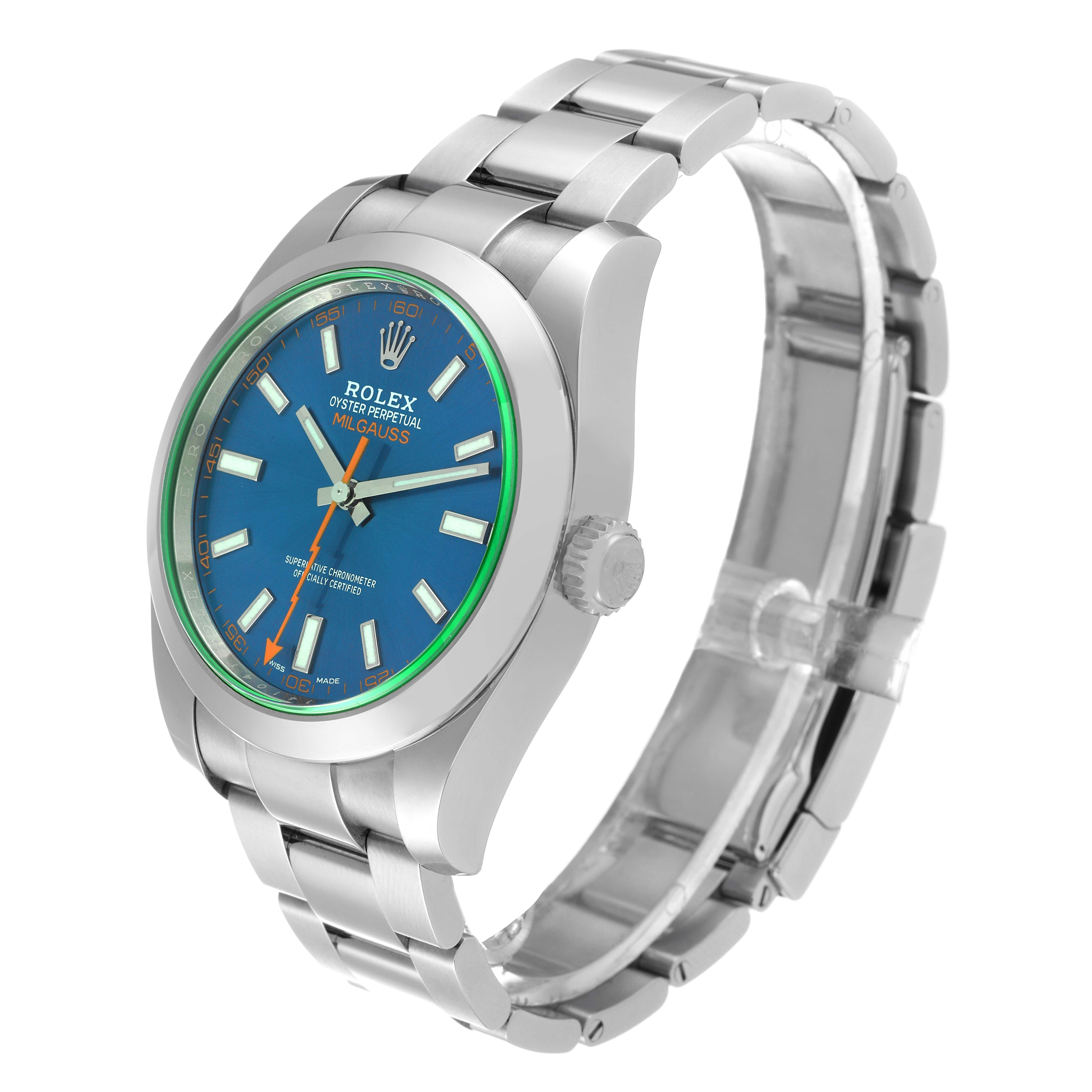 The image shows a side angle of the Rolex Milgauss 116400 Men's Stainless Steel Blue Dial 116400 Men's Stainless Steel Blue Dial watch, displaying its blue dial, green sapphire crystal, and stainless steel bracelet.