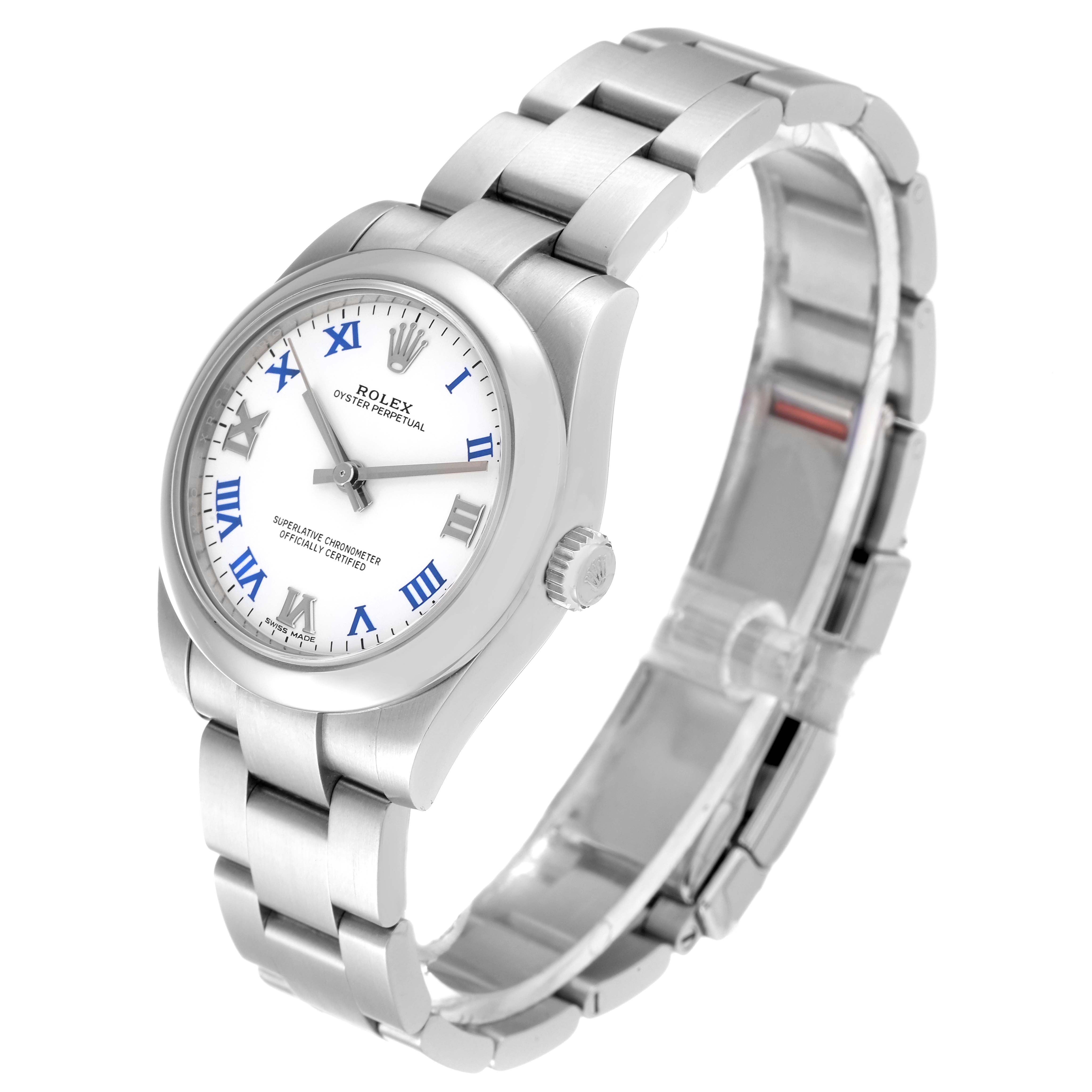 This Rolex Mid-Size 177200 Women
s Stainless Steel White Dial 177200 Women
s Stainless Steel White Dial watch is shown at a slight angle, displaying the face, crown, and bracelet.