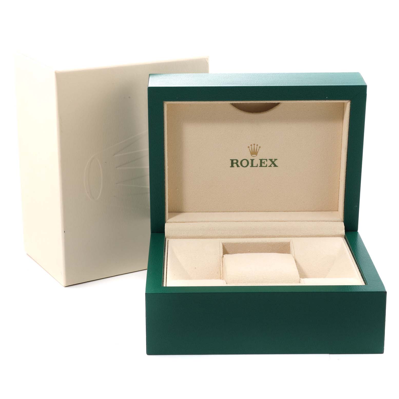 The image shows an open green Rolex watch box with an outer white box in the background for a Mid-Size model by Rolex.