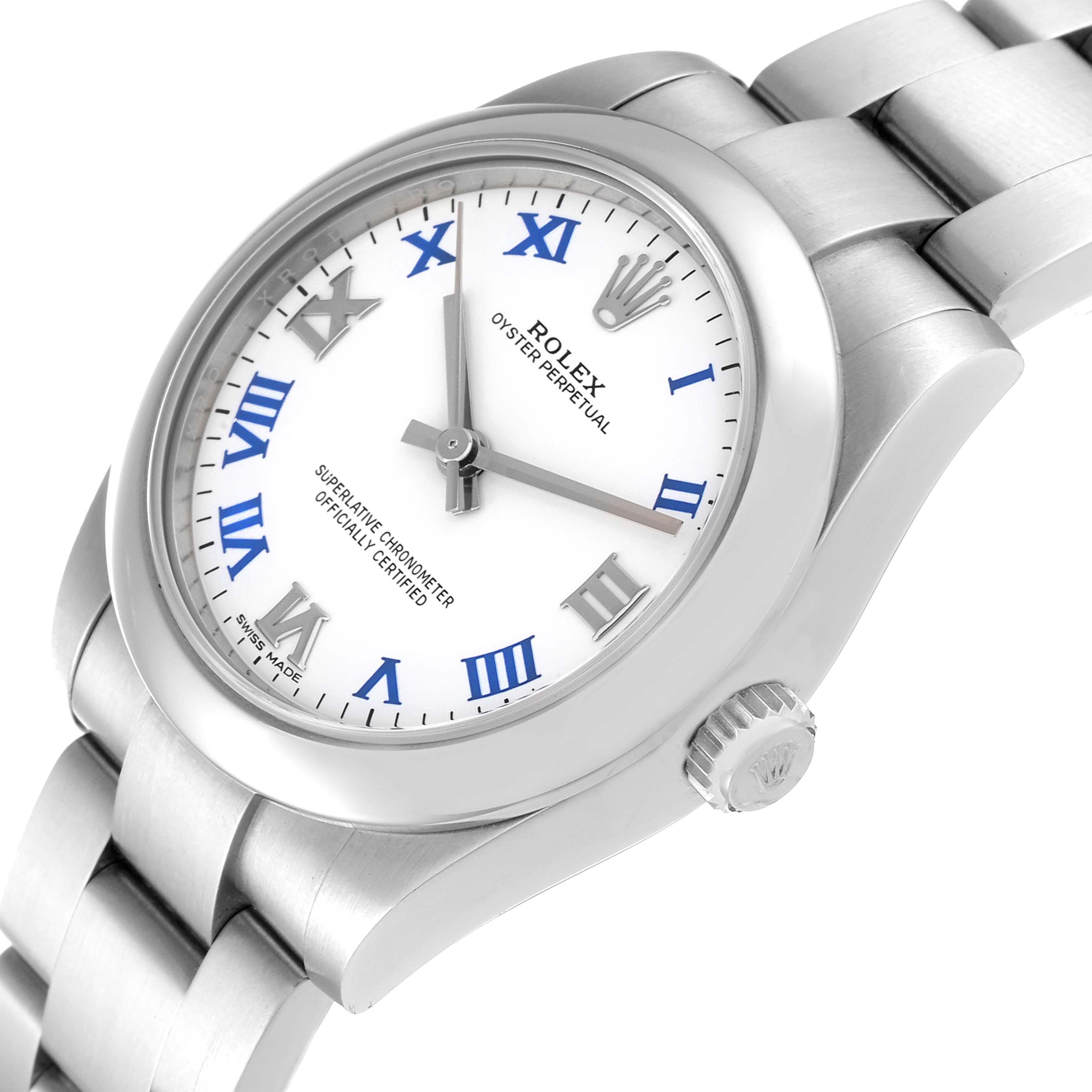 The image shows a close-up of the Rolex Mid-Size 177200 Women
s Stainless Steel White Dial 177200 Women
s Stainless Steel White Dial Oyster Perpetual watch, highlighting its dial, case, crown, and part of the bracelet.