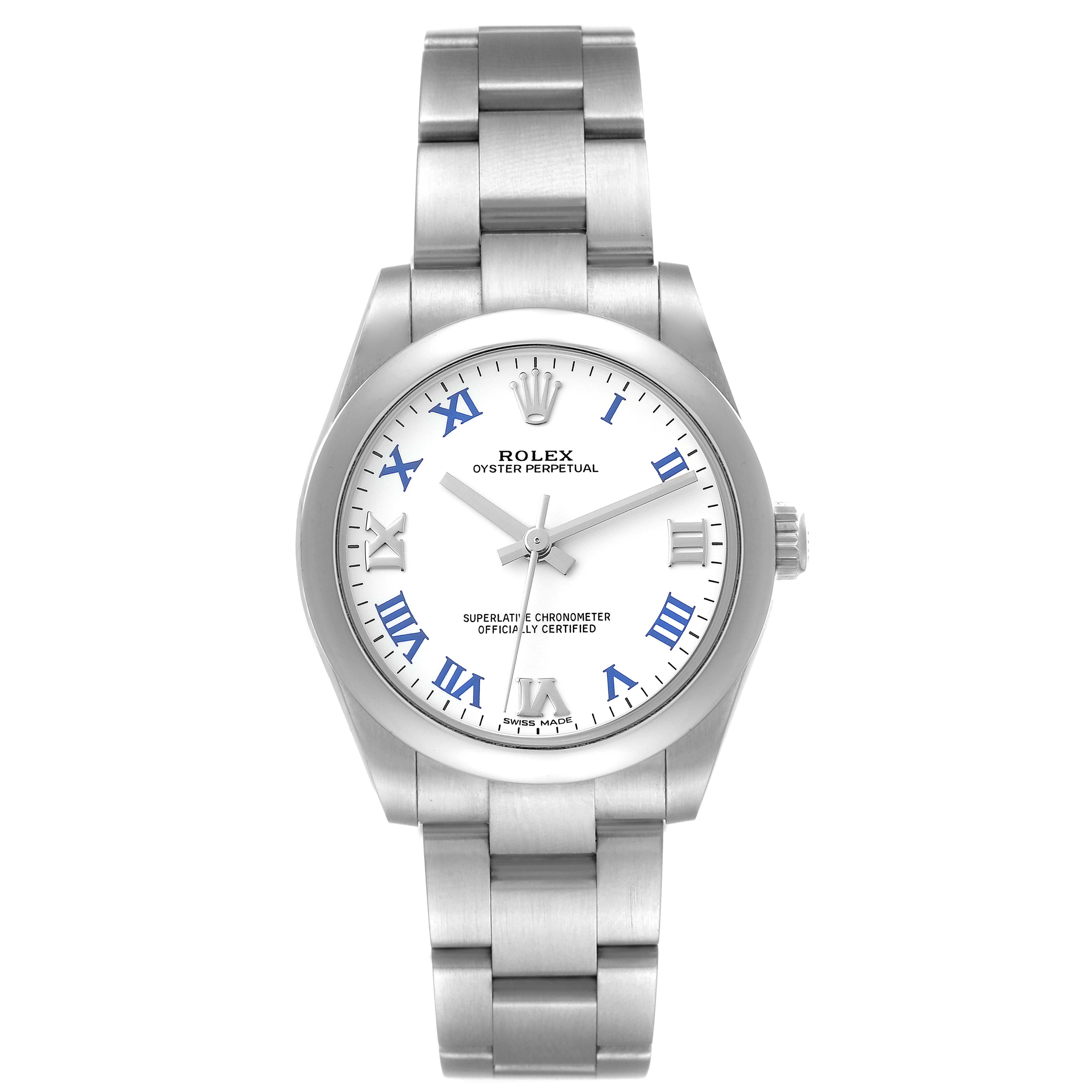 This image shows the front view of a Mid-Size Rolex Oyster Perpetual watch, displaying the face, bezel, and bracelet.