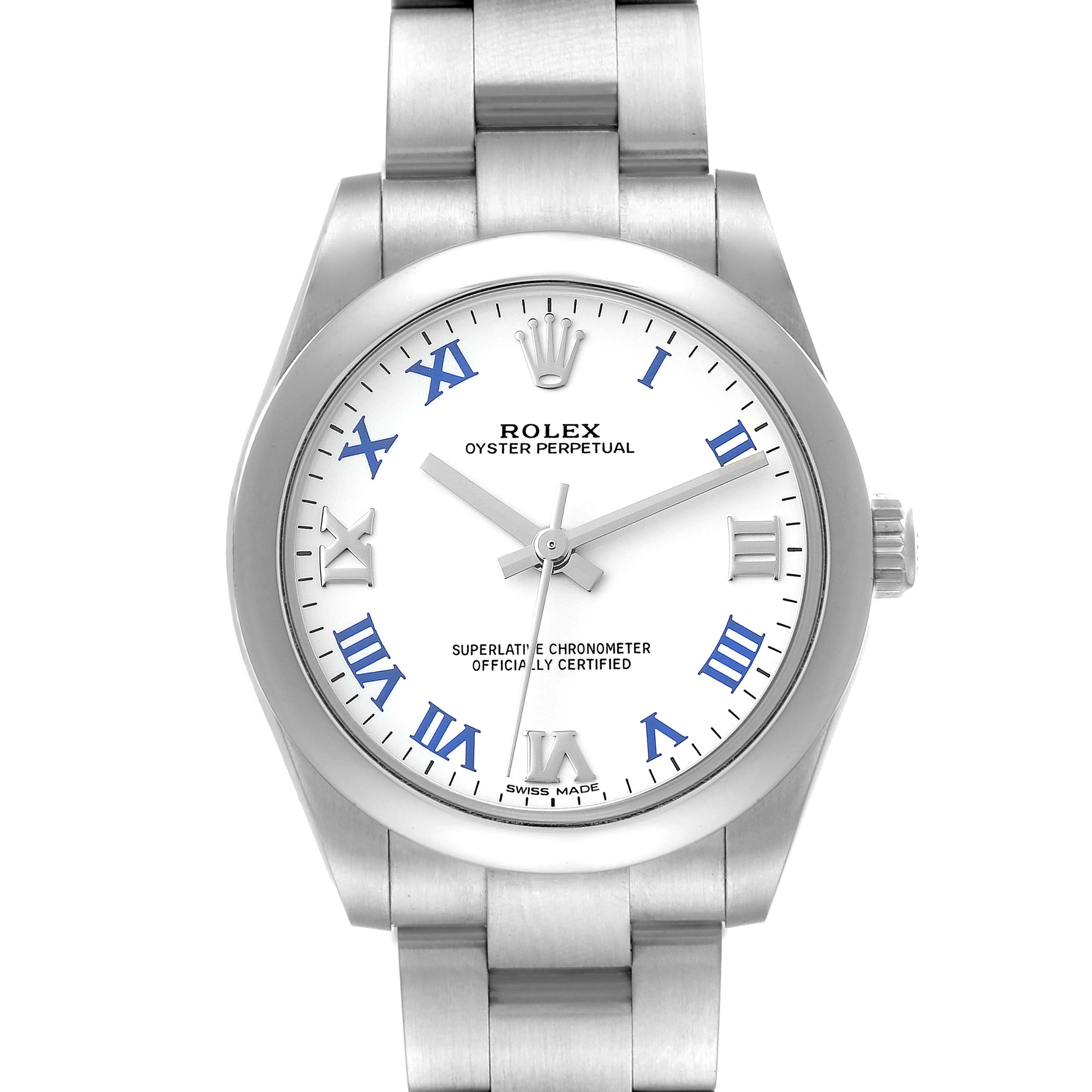 This image shows a front view of a Rolex Oyster Perpetual Mid-Size watch, displaying the face, bracelet, and crown.