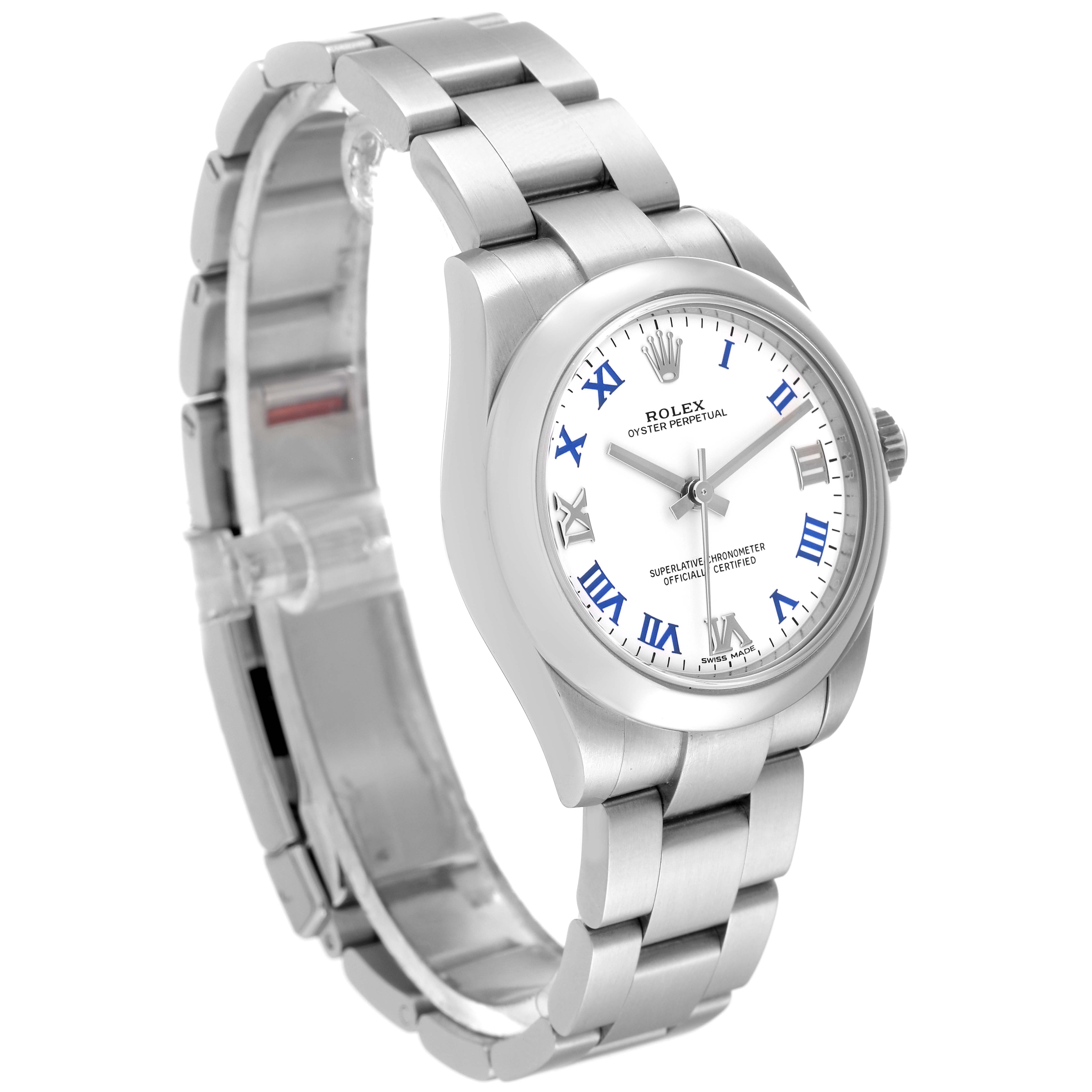 The Rolex Mid-Size 177200 Women
s Stainless Steel White Dial 177200 Women
s Stainless Steel White Dial model watch is shown at a three-quarter angle, displaying the face, bezel, and bracelet.
