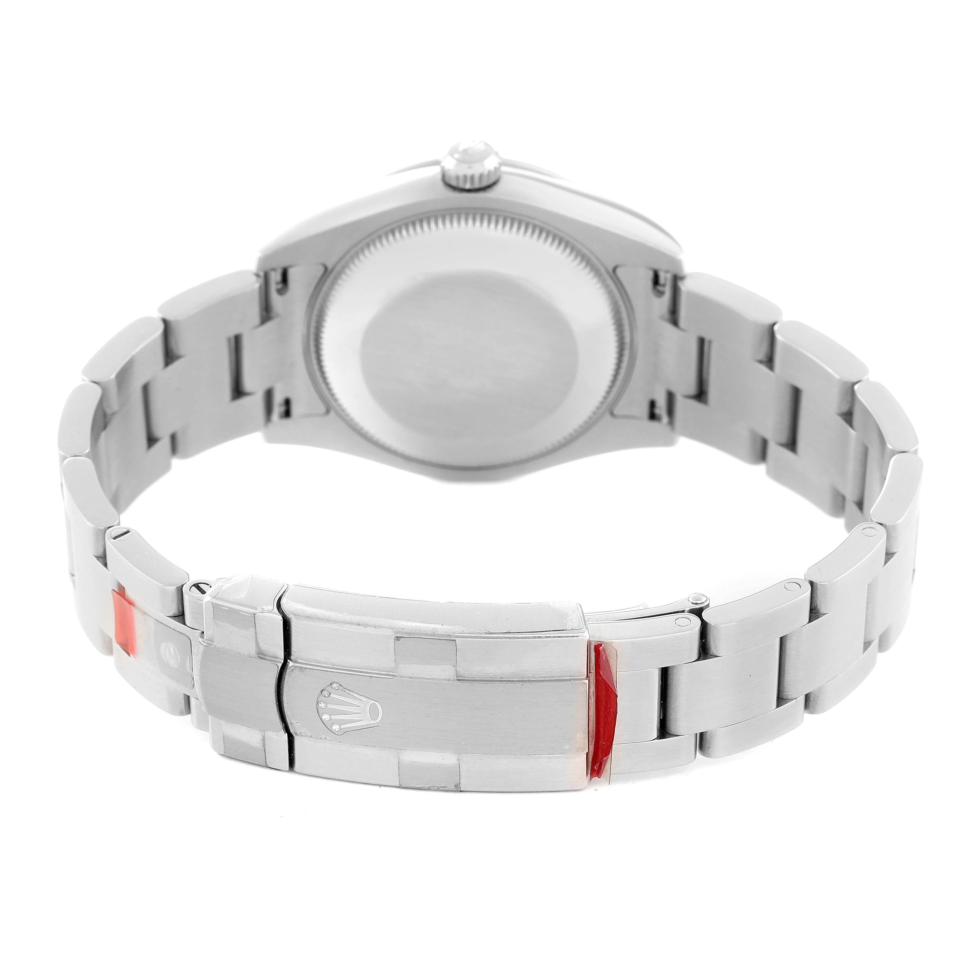 This image shows the back case, bracelet, and clasp of a Rolex Mid-Size 177200 Women
s Stainless Steel White Dial 177200 Women
s Stainless Steel White Dial watch.