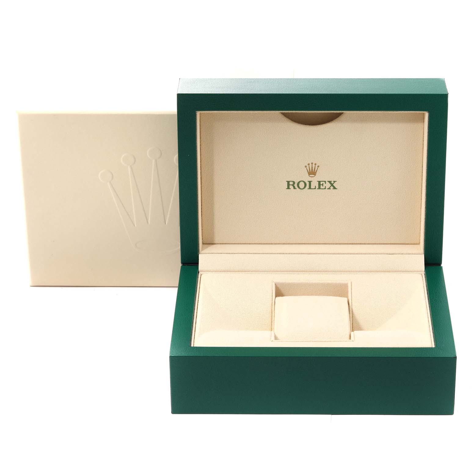 The image shows an open, empty Rolex Oyster Perpetual 124300 Men
s Stainless Steel Silver Dial 124300 Men
s Stainless Steel Silver Dial watch box with the outer box in the background.