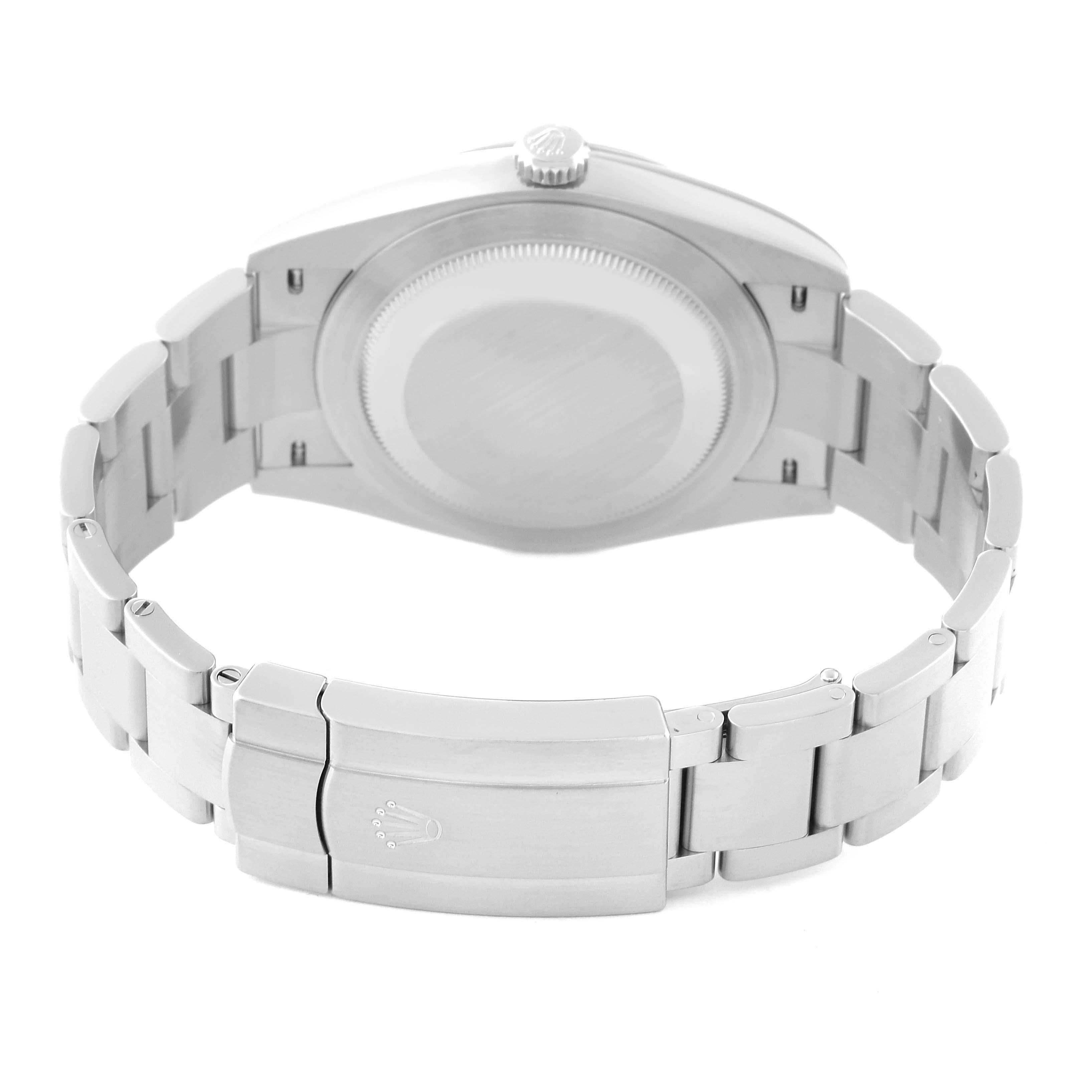 The image shows the back view of a Rolex Oyster Perpetual 124300 Men
s Stainless Steel Silver Dial 124300 Men
s Stainless Steel Silver Dial watch, highlighting the case back and the bracelet clasp.