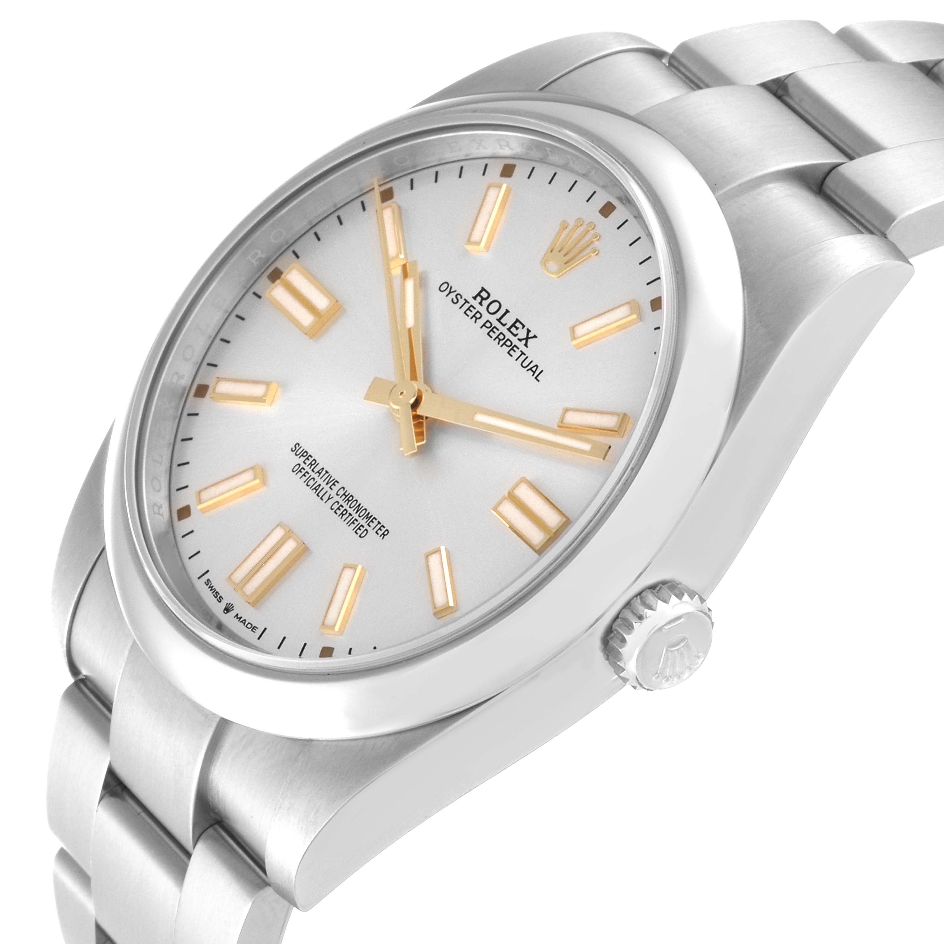 This image shows an angled view of the Rolex Oyster Perpetual 124300 Men
s Stainless Steel Silver Dial 124300 Men
s Stainless Steel Silver Dial watch, highlighting the dial, hands, case, and bracelet.