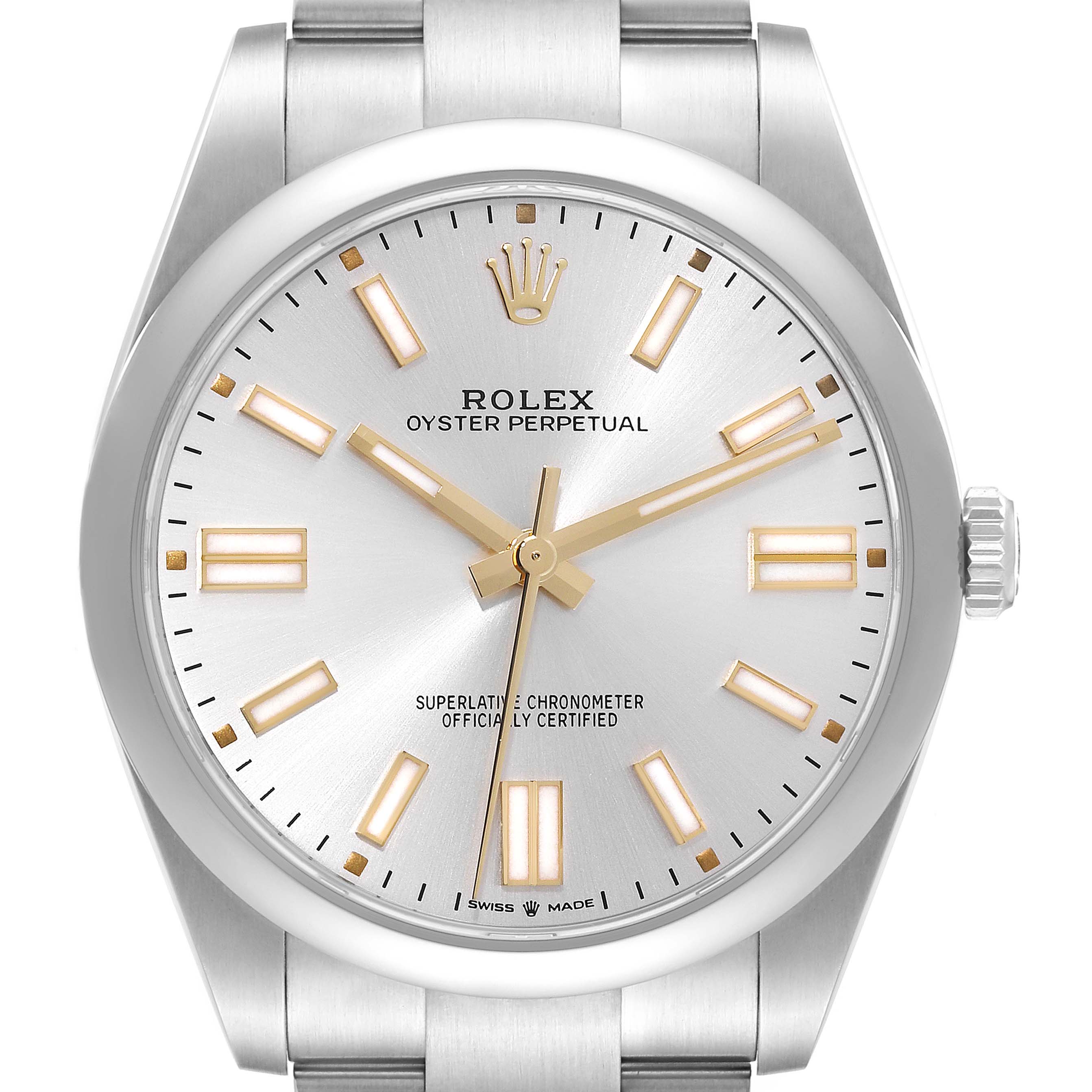 The image shows a close-up, frontal view of a Rolex Oyster Perpetual 124300 Men
s Stainless Steel Silver Dial 124300 Men
s Stainless Steel Silver Dial watch displaying its dial and hour markers.