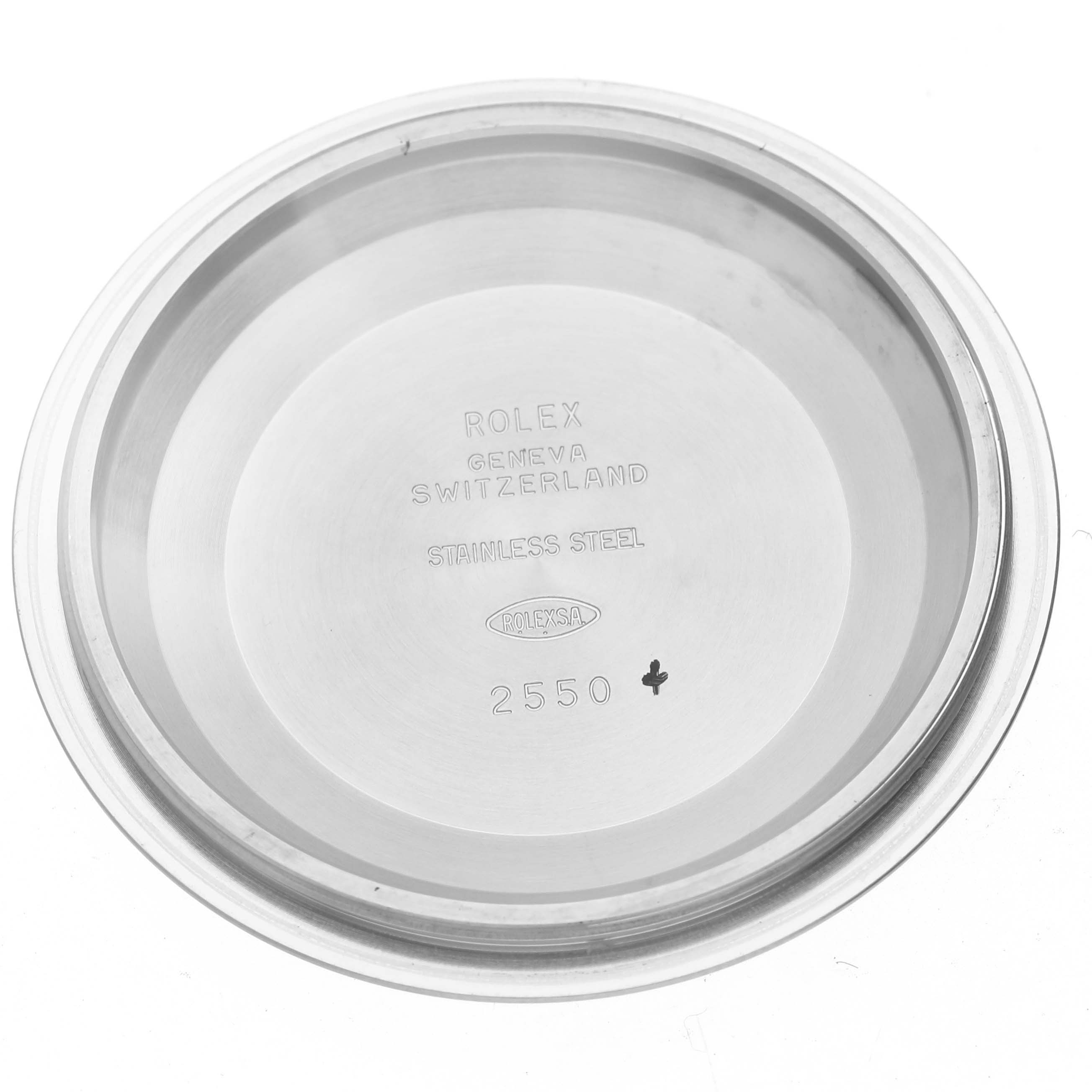 This image shows the inside of a stainless steel case back of a Rolex Oyster Perpetual 124300 Men
s Stainless Steel Silver Dial 124300 Men
s Stainless Steel Silver Dial watch.