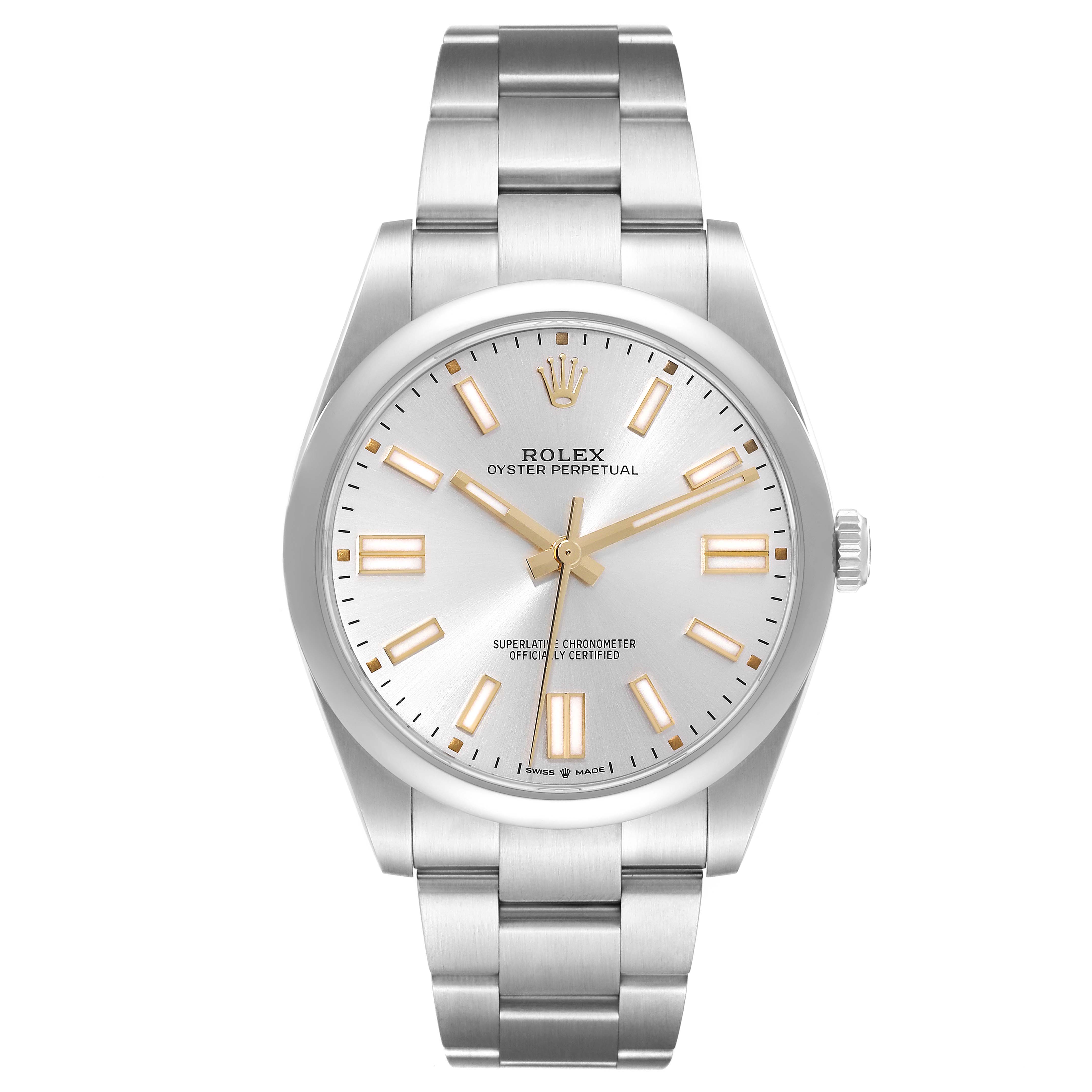 The image shows a frontal view of a Rolex Oyster Perpetual 124300 Men
s Stainless Steel Silver Dial 124300 Men
s Stainless Steel Silver Dial watch, displaying the dial, hands, bracelet, and crown.