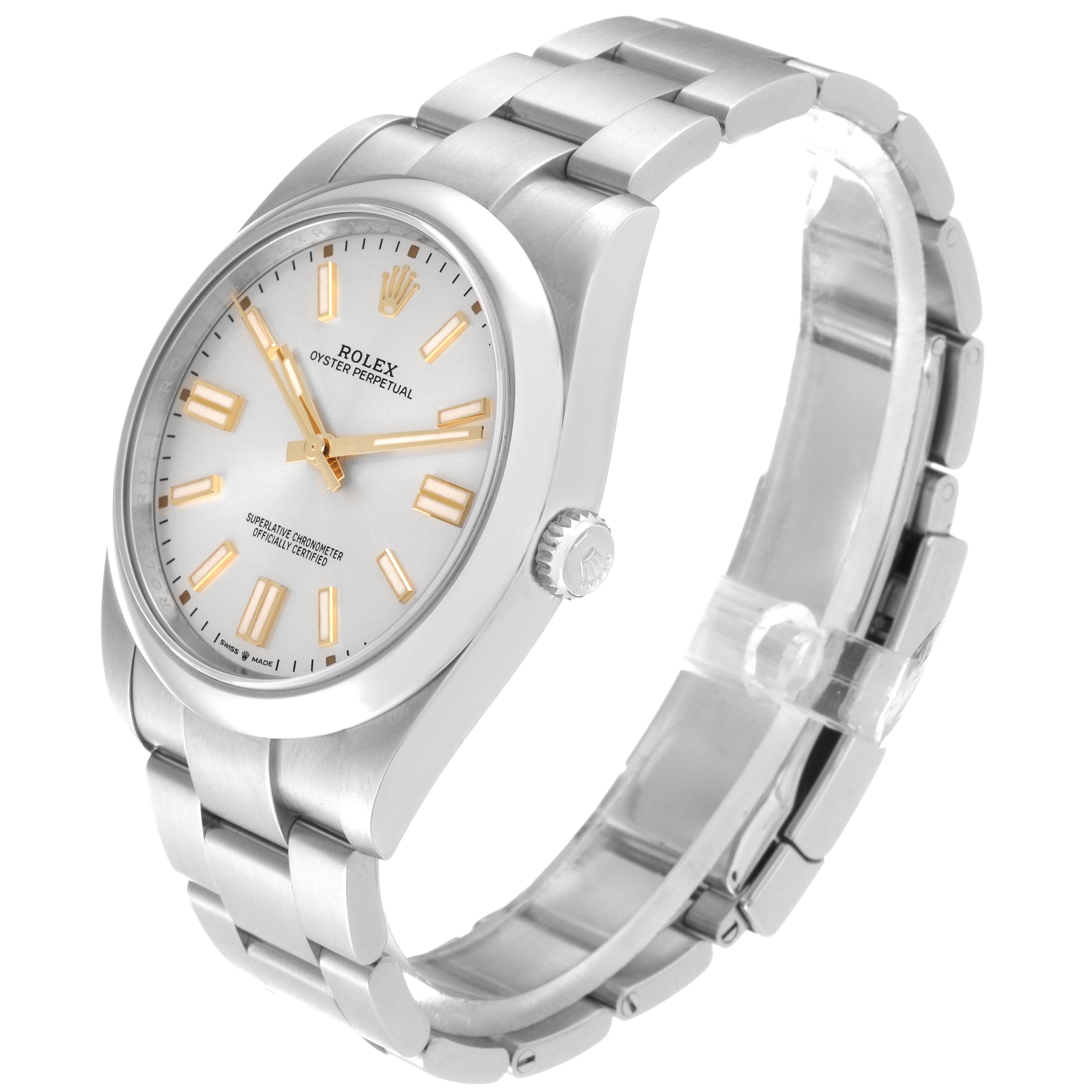 This image shows a Rolex Oyster Perpetual 124300 Men
s Stainless Steel Silver Dial 124300 Men
s Stainless Steel Silver Dial watch at a three-quarter angle, highlighting the face, case, and bracelet.