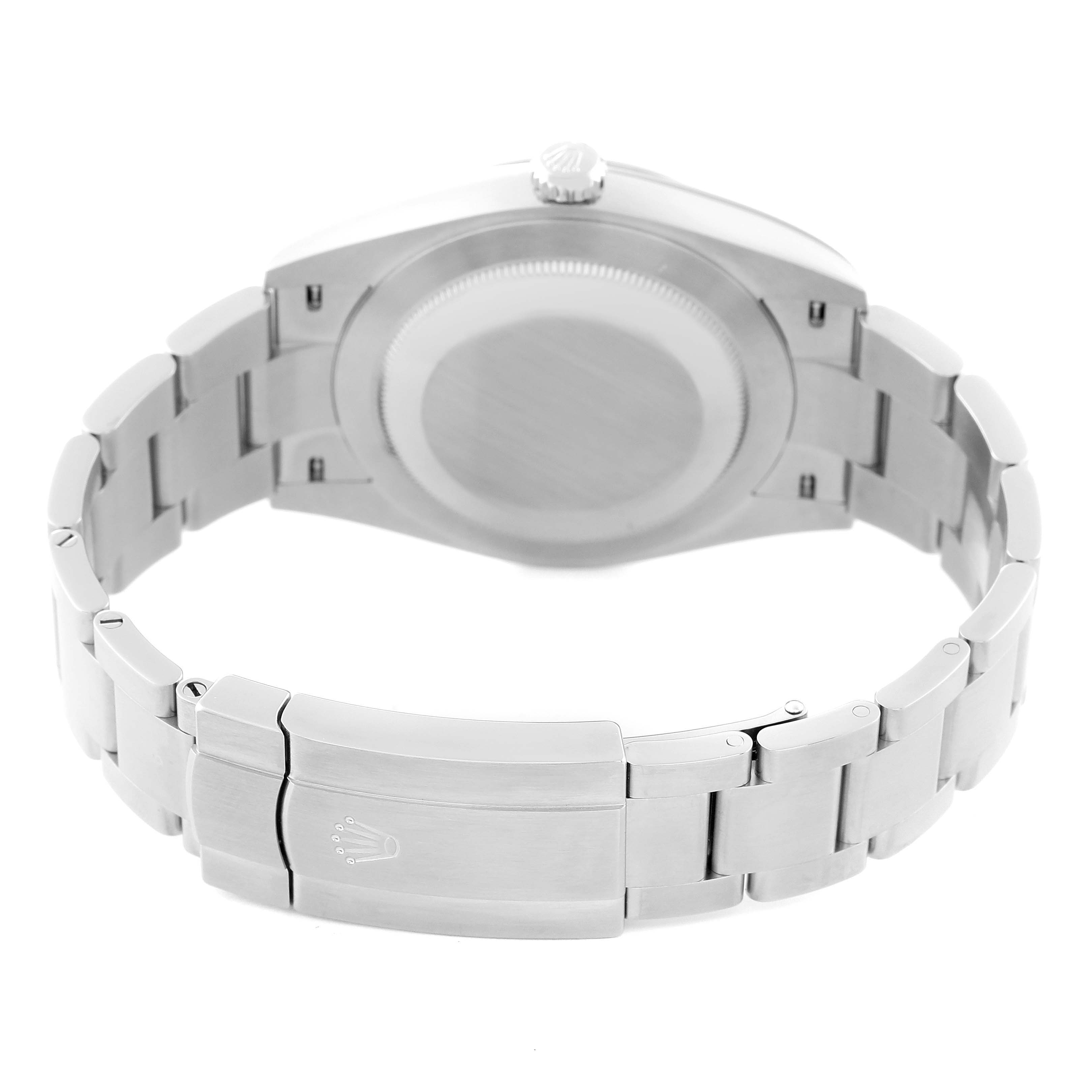 The image shows the back view of the Rolex Oyster Perpetual 124300 Men's Stainless Steel Black Dial 124300 Men's Stainless Steel Black Dial watch, focusing on the case back and the metal bracelet with a clasp.