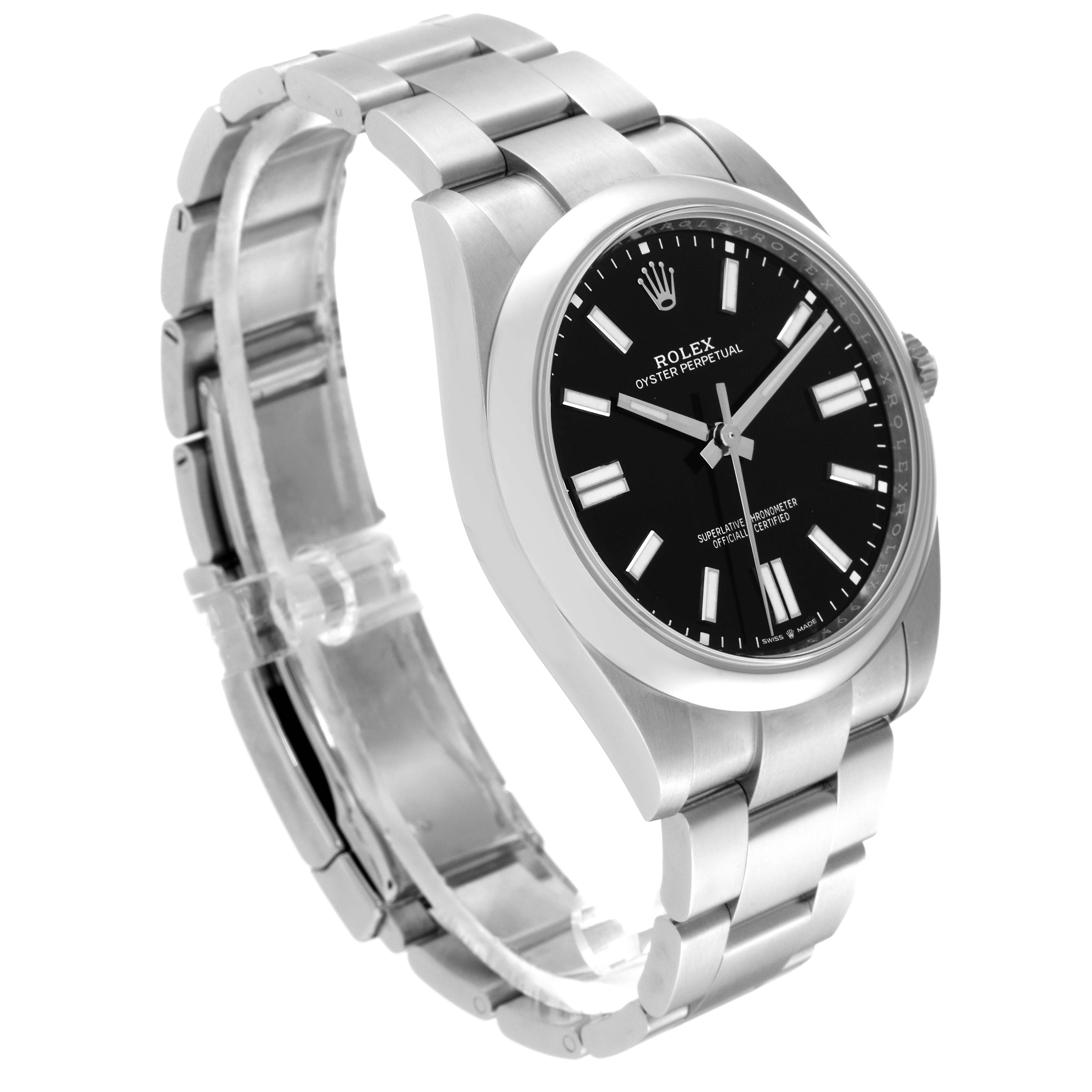 The Rolex Oyster Perpetual 124300 Men's Stainless Steel Black Dial 124300 Men's Stainless Steel Black Dial watch is shown at an oblique angle, displaying the bracelet, dial, case, and crown.