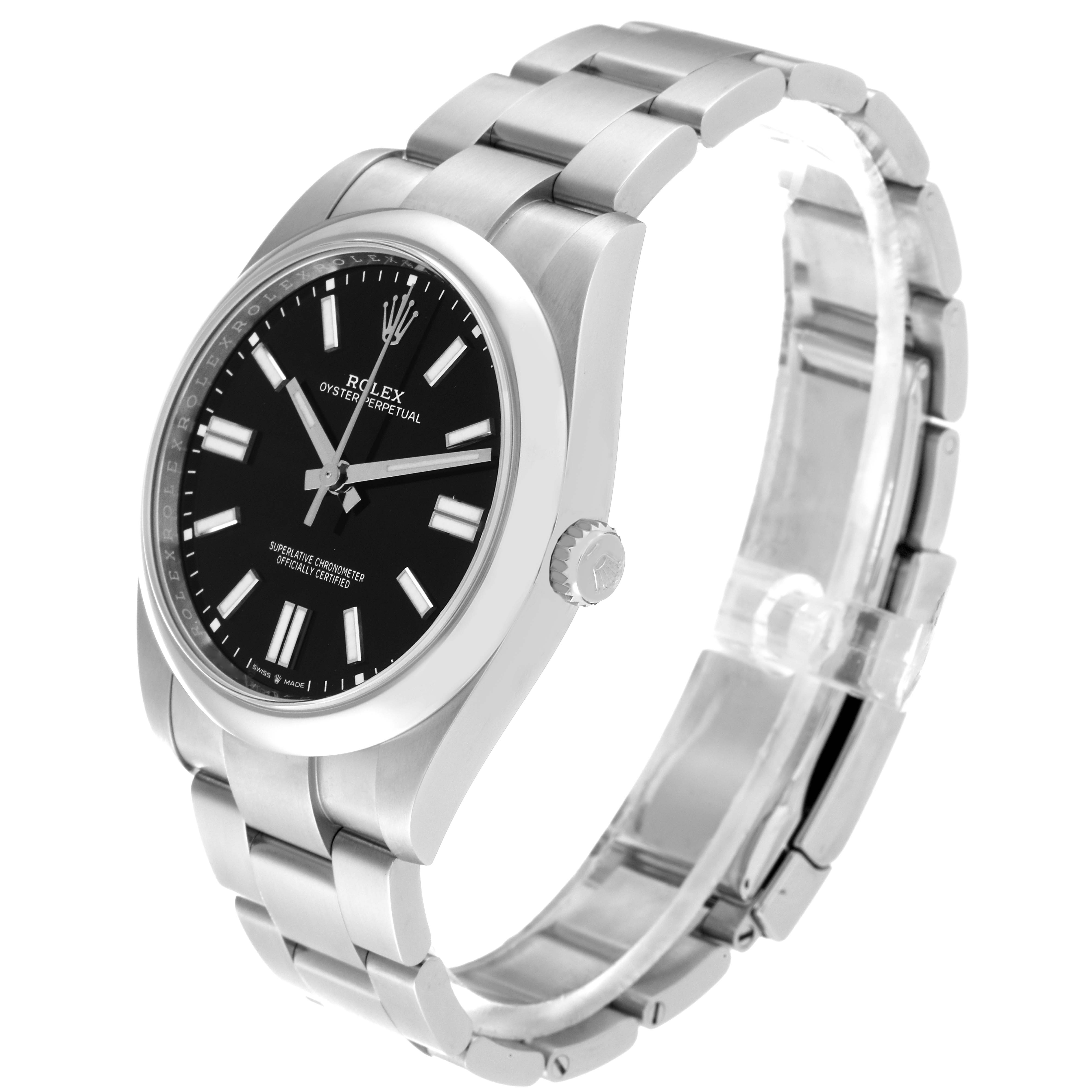 The image shows a side angle view of a Rolex Oyster Perpetual 124300 Men's Stainless Steel Black Dial 124300 Men's Stainless Steel Black Dial watch with a black dial and stainless steel bracelet.