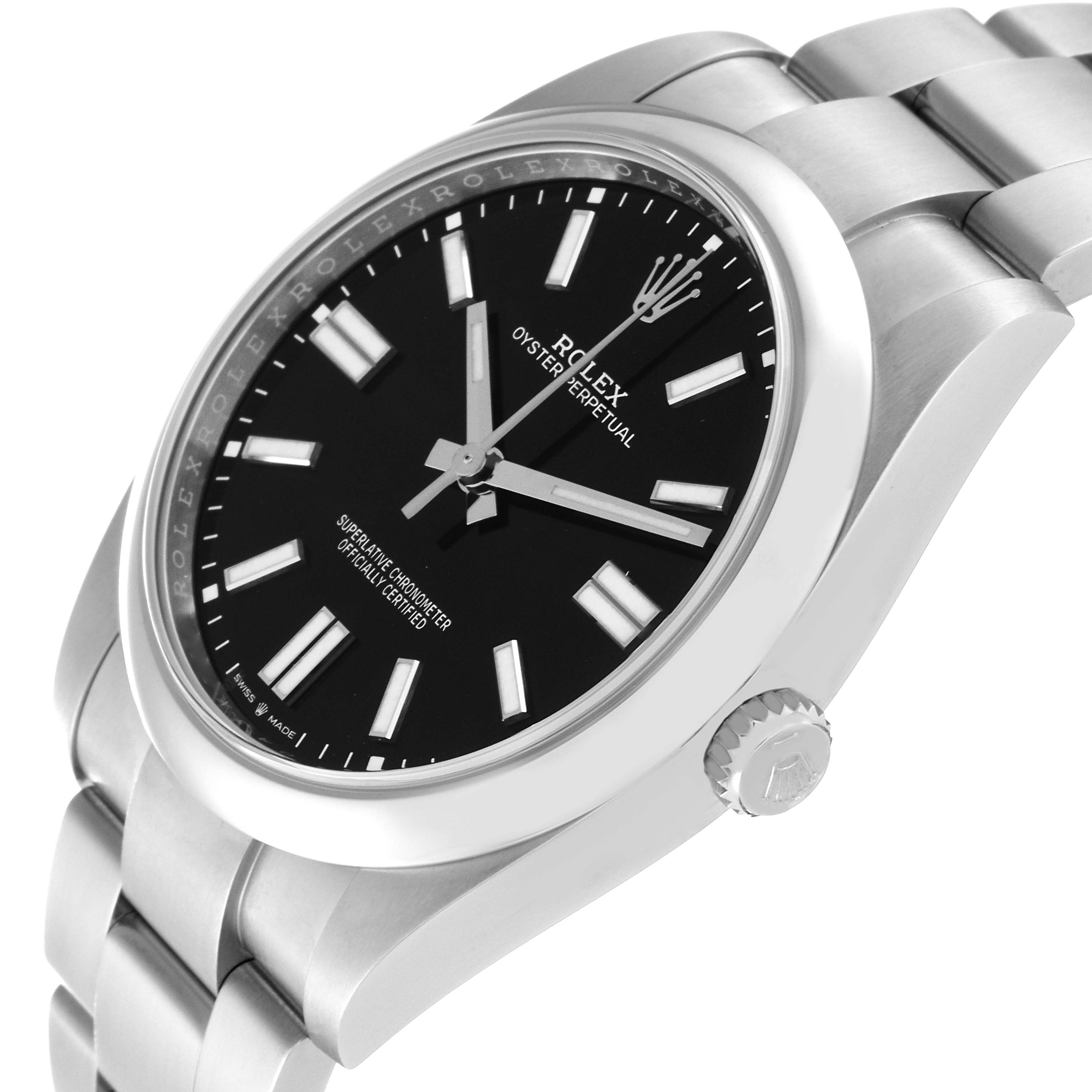 This image shows an angled view of the Rolex Oyster Perpetual 124300 Men's Stainless Steel Black Dial 124300 Men's Stainless Steel Black Dial watch, highlighting its face, case, and bracelet.