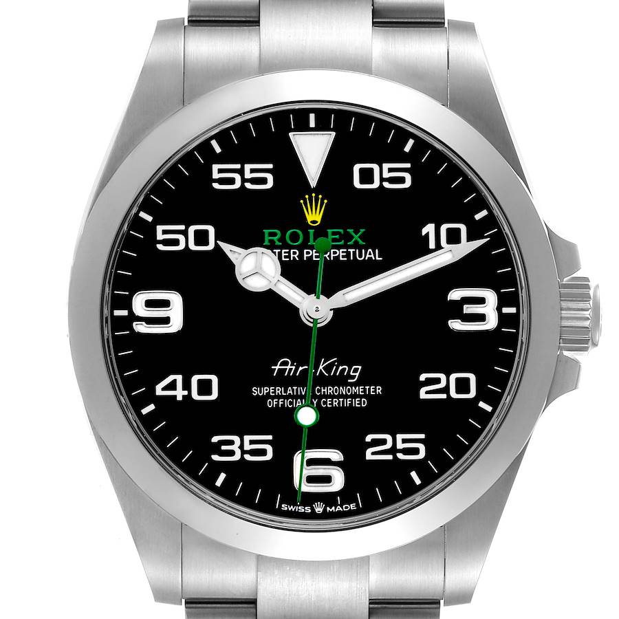 The image shows a front view of the Rolex Air-King watch, highlighting its black dial, hour markers, and silver case.